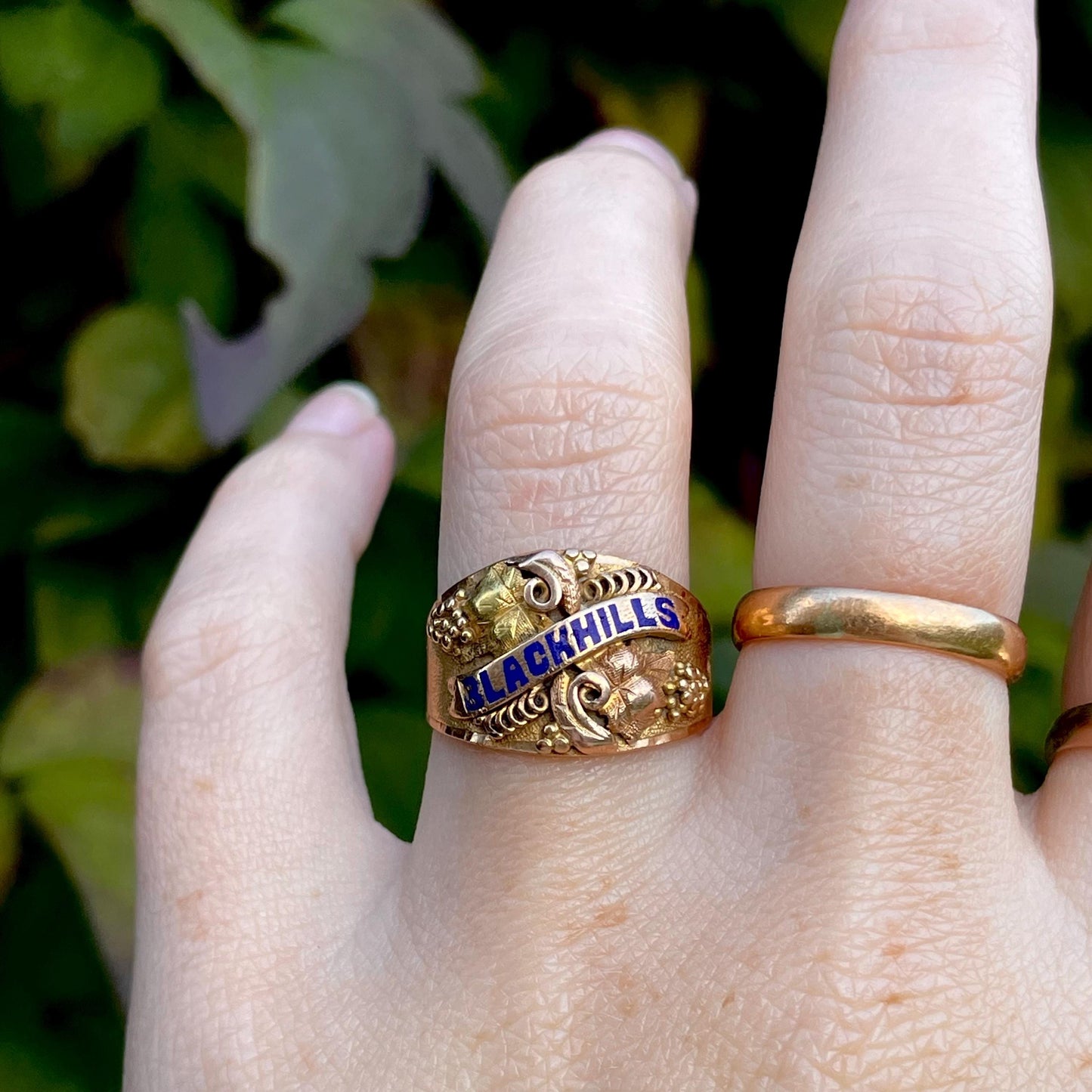 Antique Enamel Black Hills Ring in 14 Carat Gold; Circa 1899