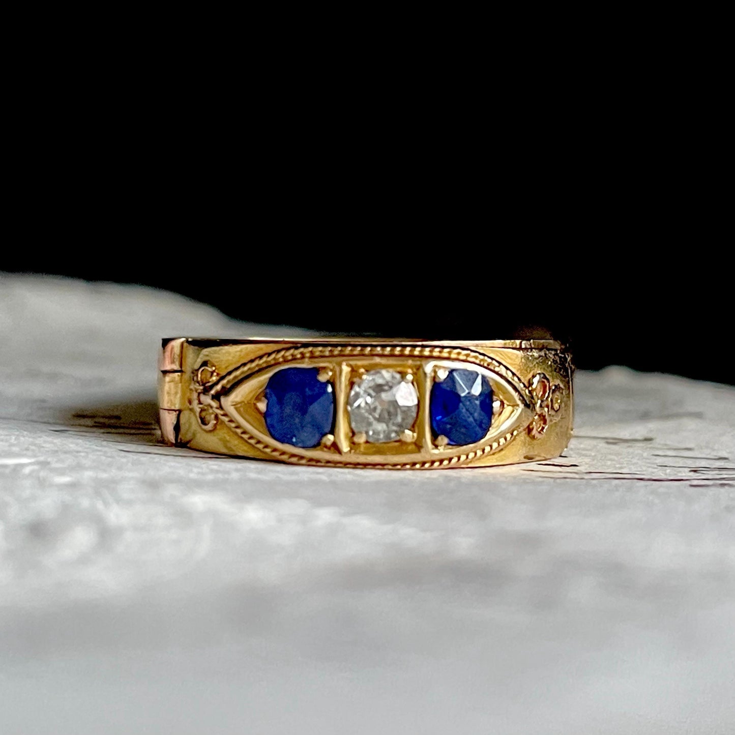 Antique Diamond & Sapphire Secret Locket 'FRANK' Ring Created In 18 Carat Gold; Circa 1888