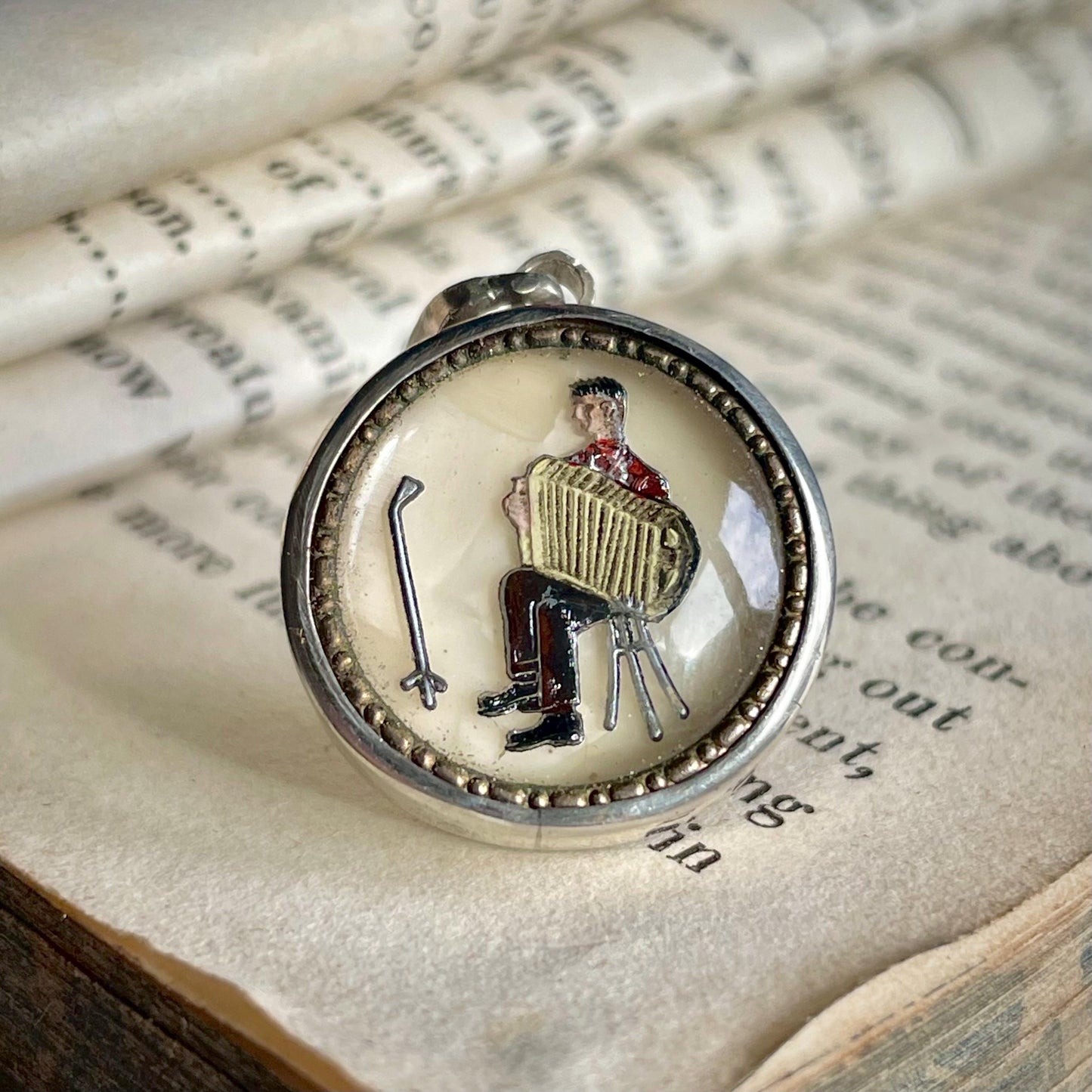 Vintage Trompe loeil Accordion Player Handmade Pendant in Sterling Silver
