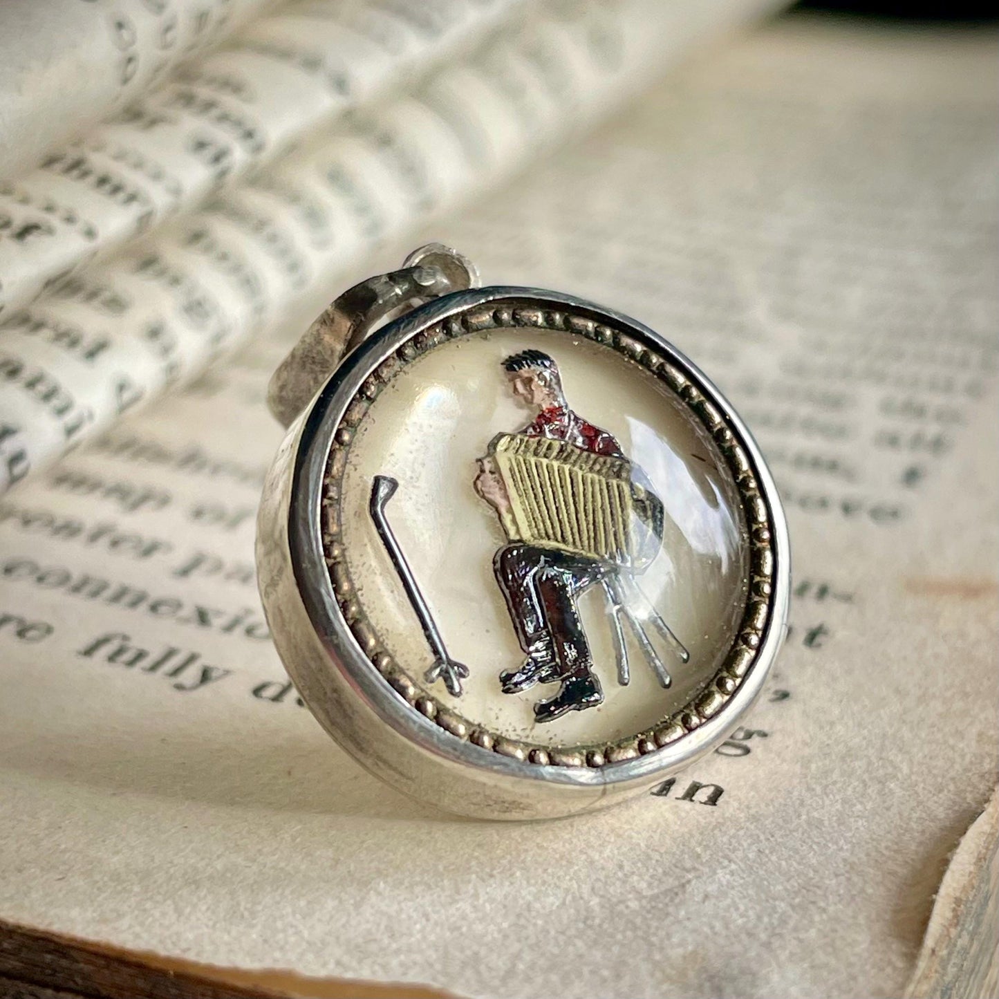 Vintage Trompe loeil Accordion Player Handmade Pendant in Sterling Silver