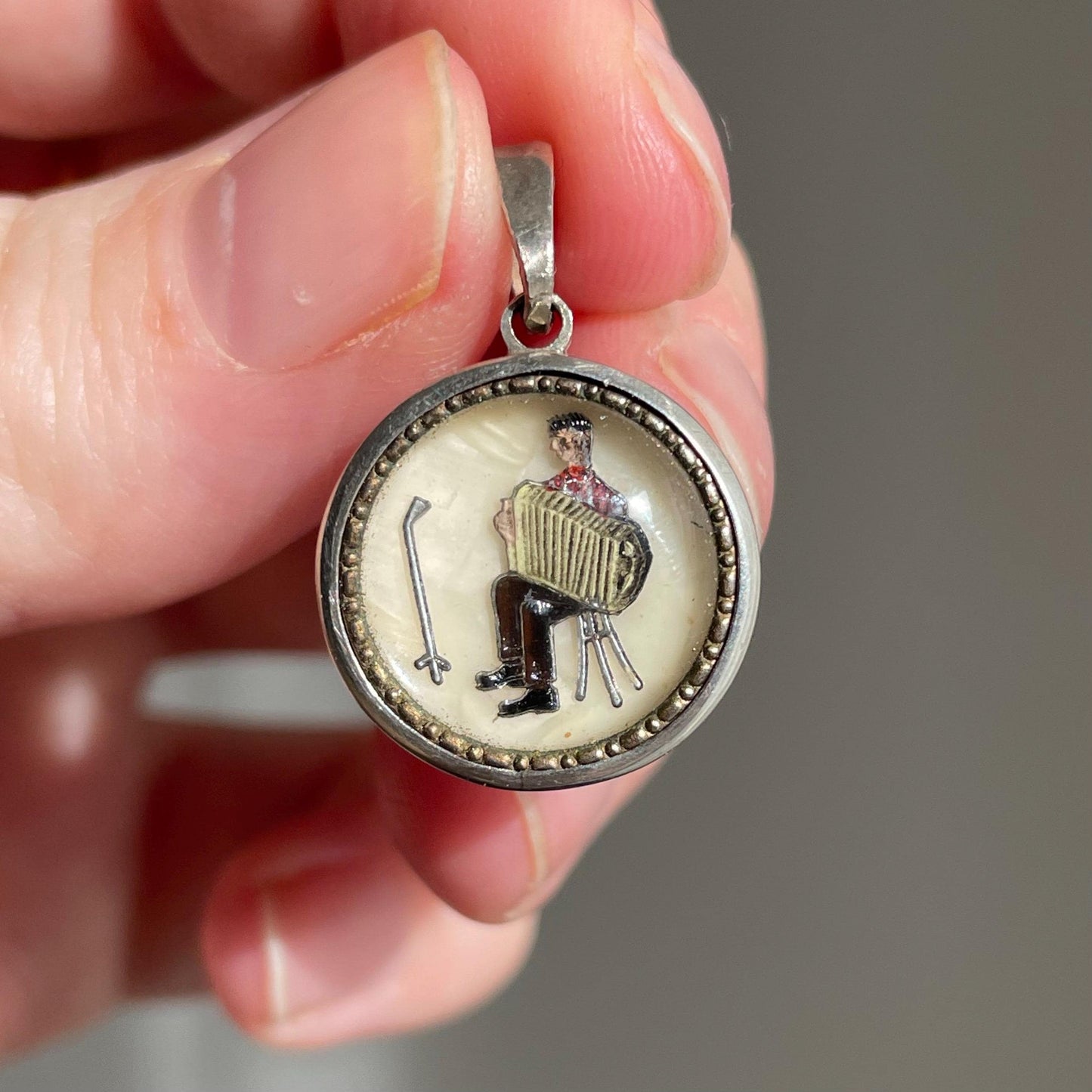 Vintage Trompe loeil Accordion Player Handmade Pendant in Sterling Silver