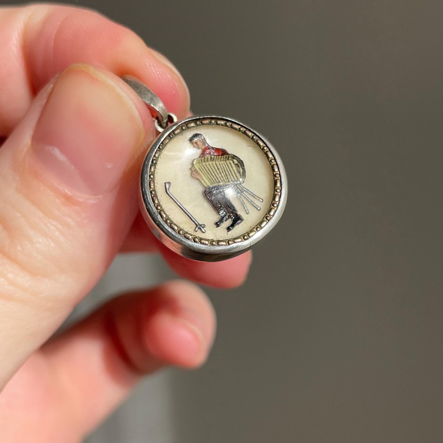 Vintage Trompe loeil Accordion Player Handmade Pendant in Sterling Silver