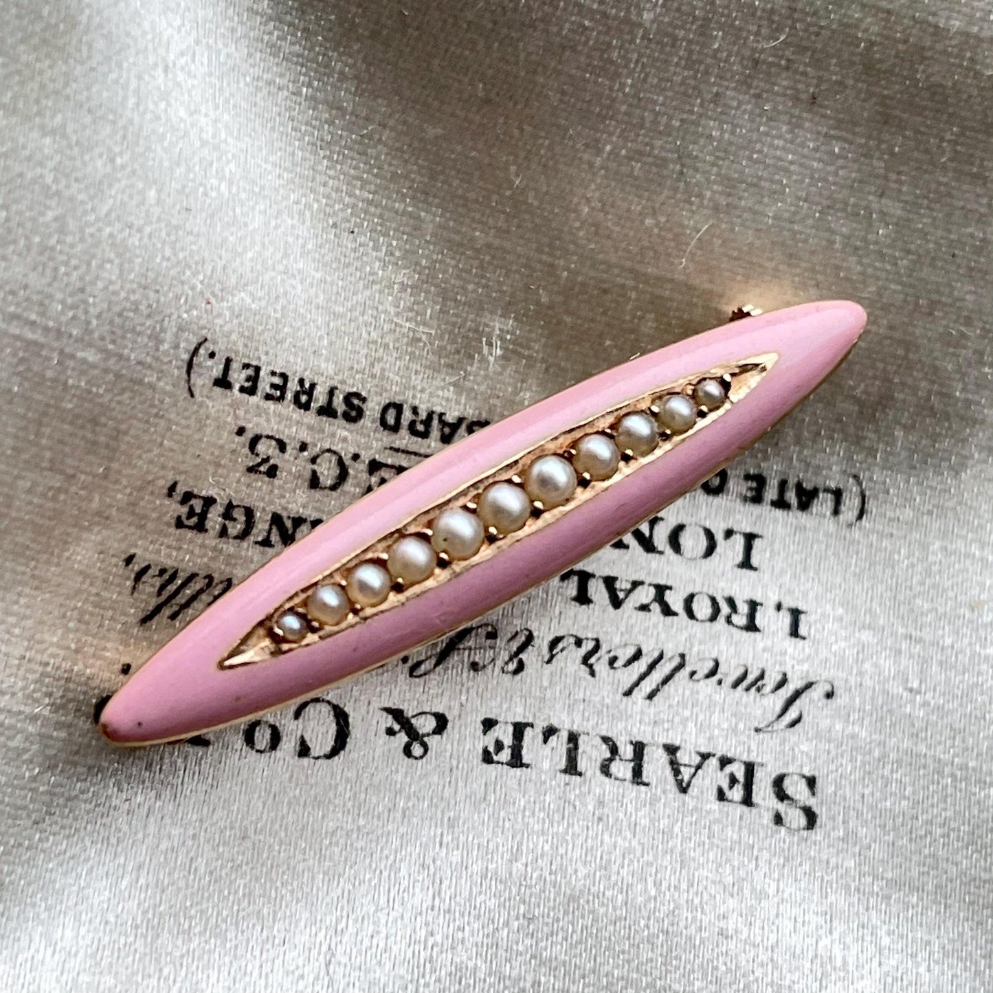 Victorian Pink Enamel & Pearl 14 Carat Gold; Circa 1890
