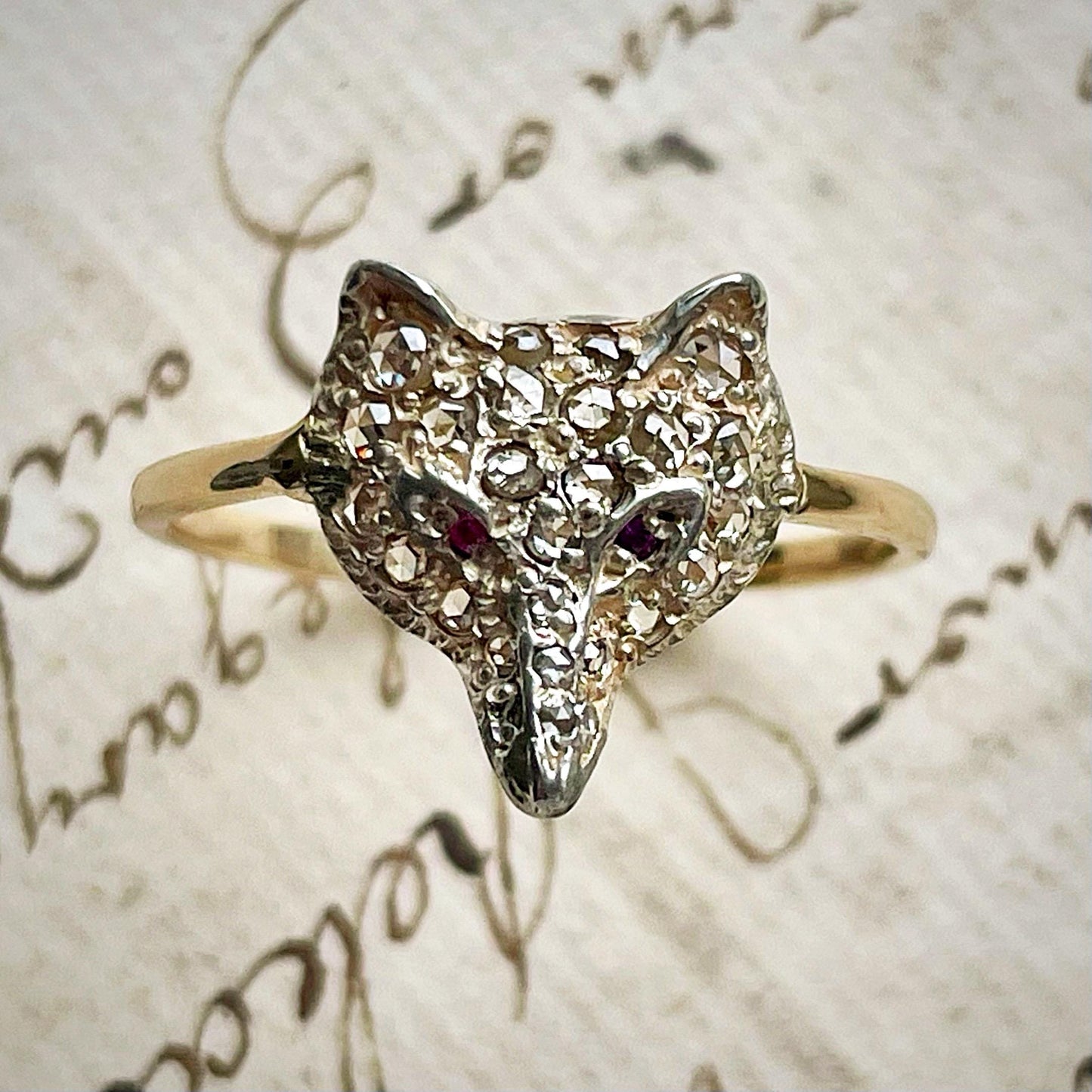 Victorian Style Rose Cut Diamond & Ruby Fox Head Ring in 15 Carat Gold