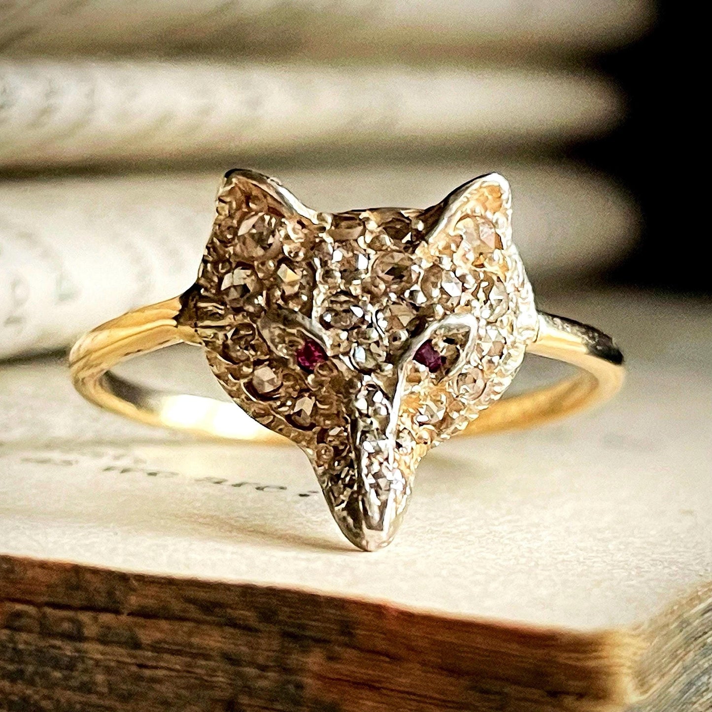 Victorian Style Rose Cut Diamond & Ruby Fox Head Ring in 15 Carat Gold