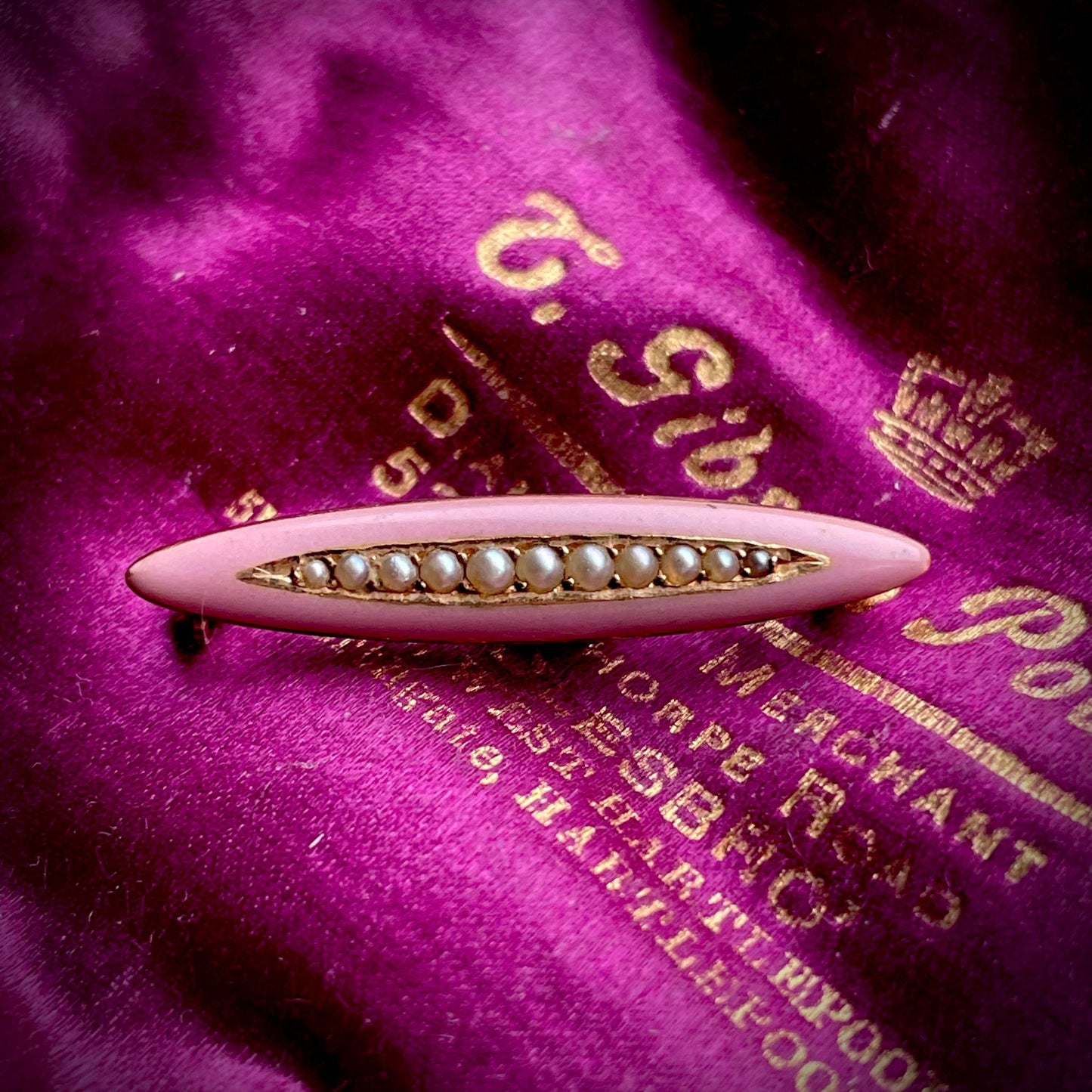 Victorian Pink Enamel & Pearl 14 Carat Gold; Circa 1890