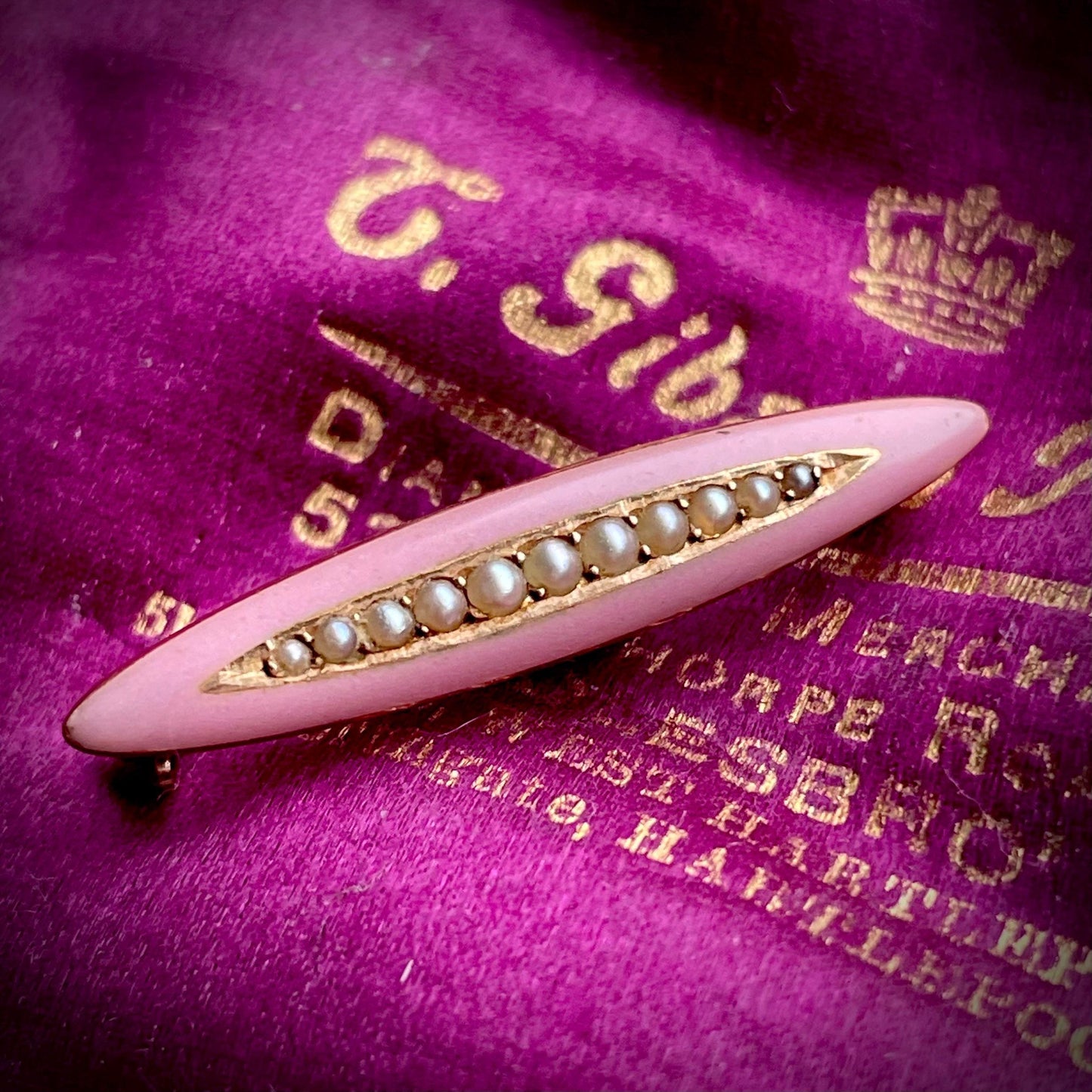 Victorian Pink Enamel & Pearl 14 Carat Gold; Circa 1890