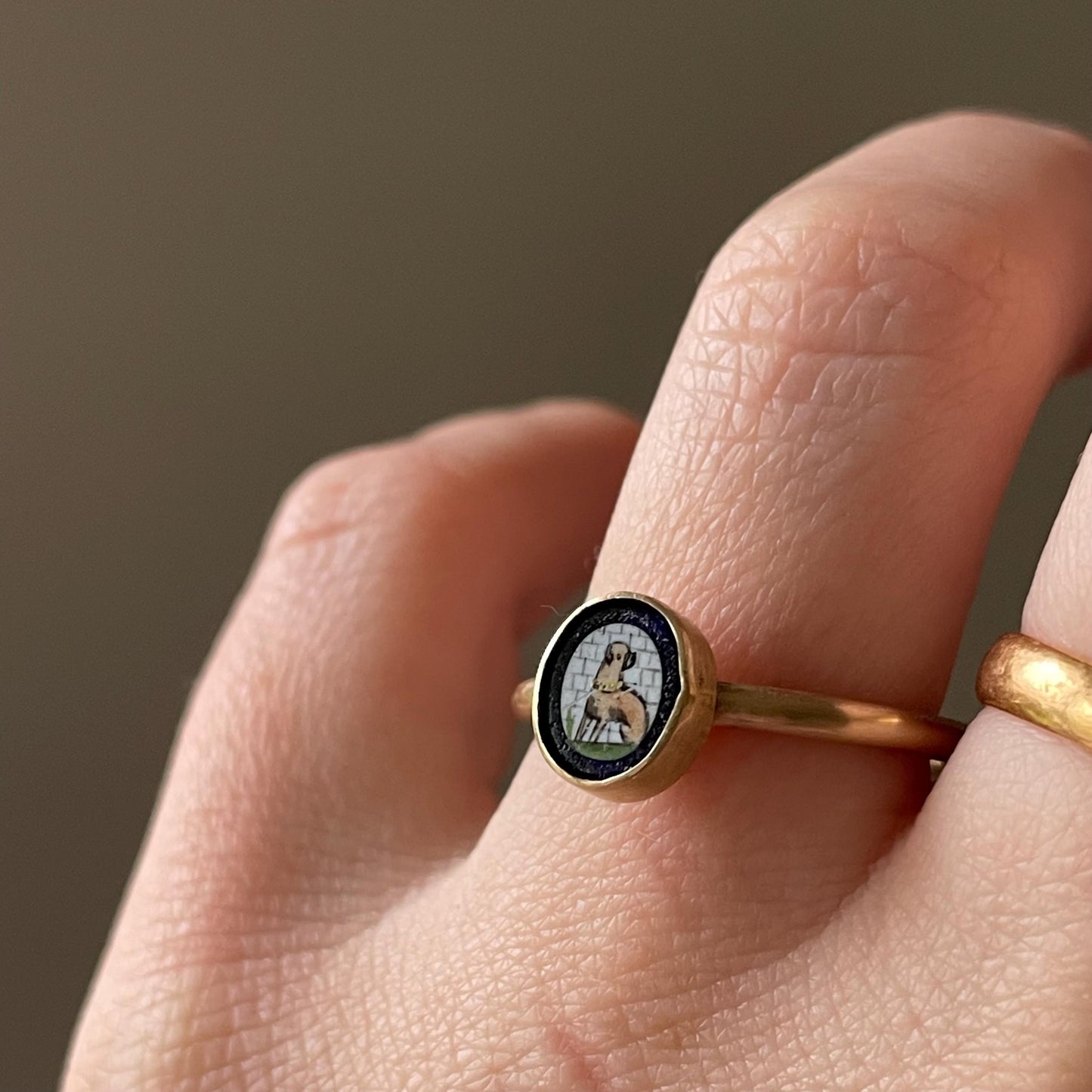 Victorian Painted Glass pug Dog Ring in 9 Carat Gold with BOX, circa 1890