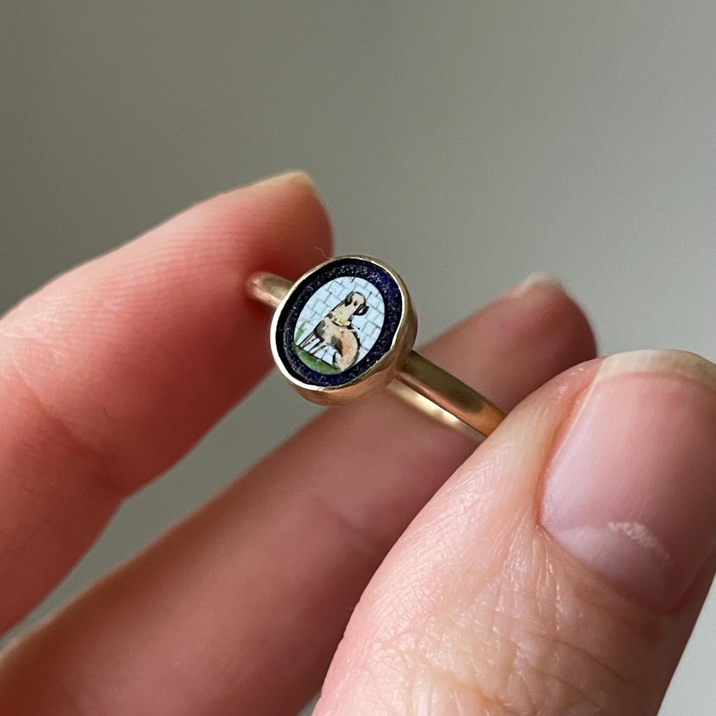 Victorian Painted Glass pug Dog Ring in 9 Carat Gold with BOX, circa 1890