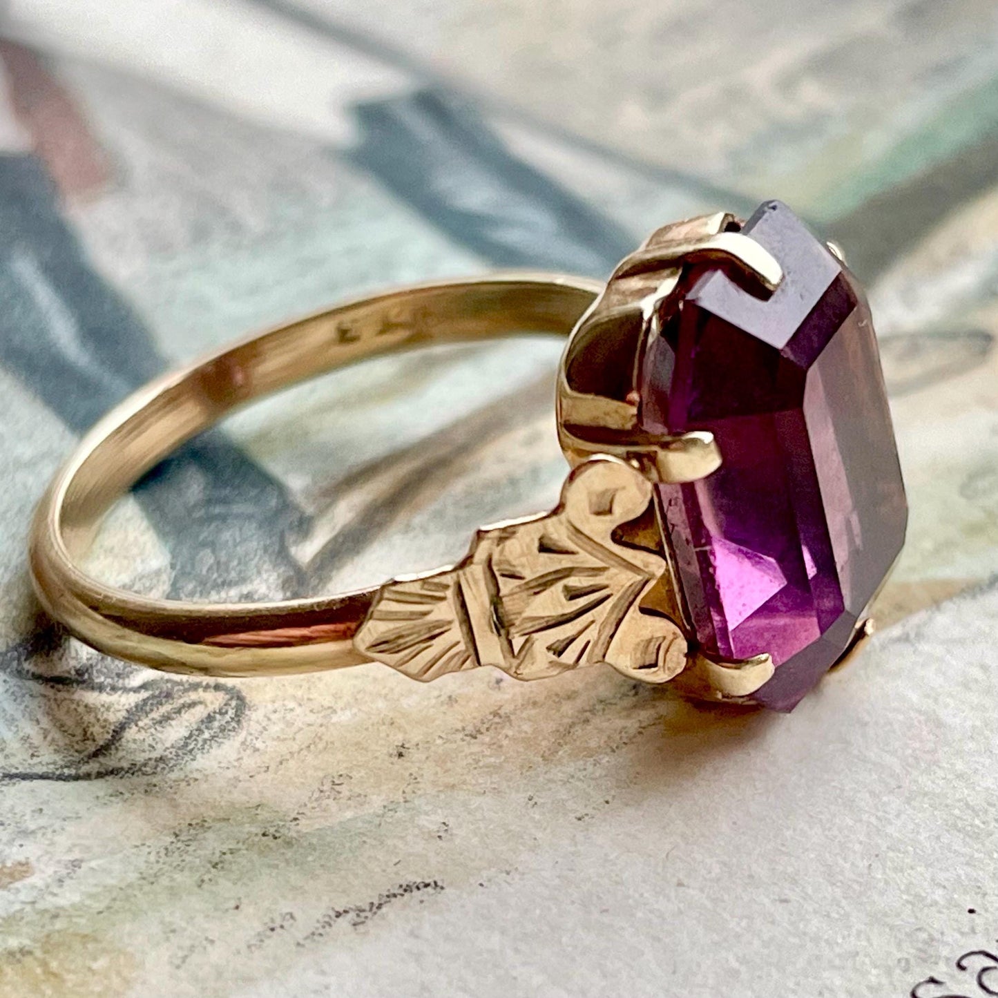 Vintage Amethyst Paste Ring in 9 Carat Gold; Circa 1960