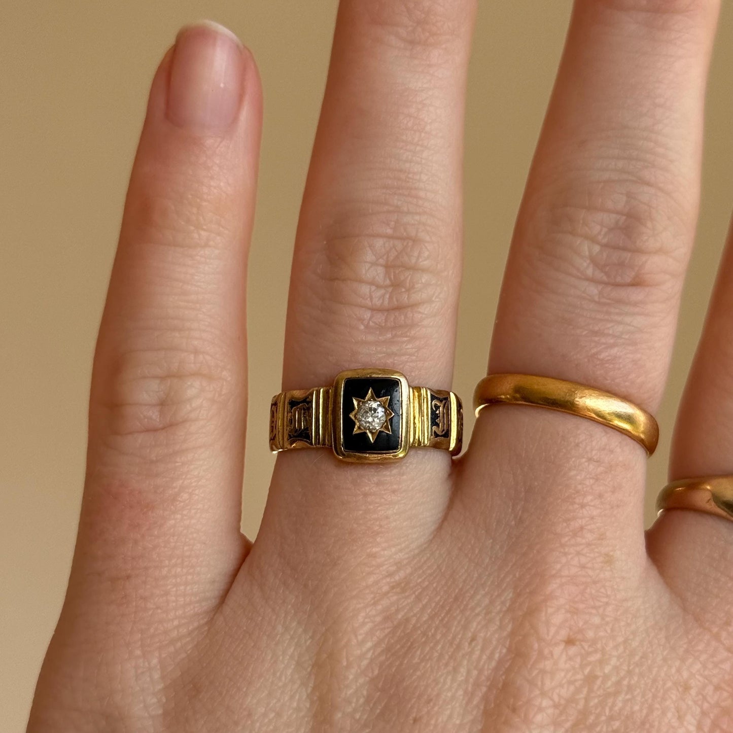 Antique Enamel & Diamond Signet Ring in 18 Carat Gold; Circa 1836