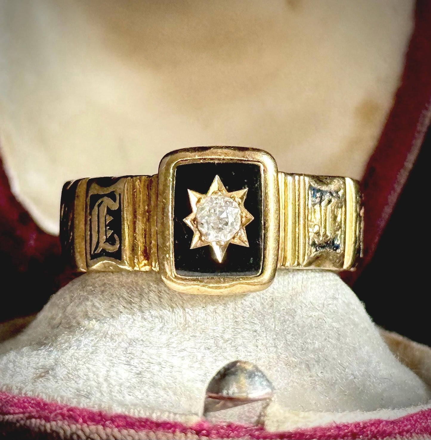 Antique Enamel & Diamond Signet Ring in 18 Carat Gold; Circa 1836