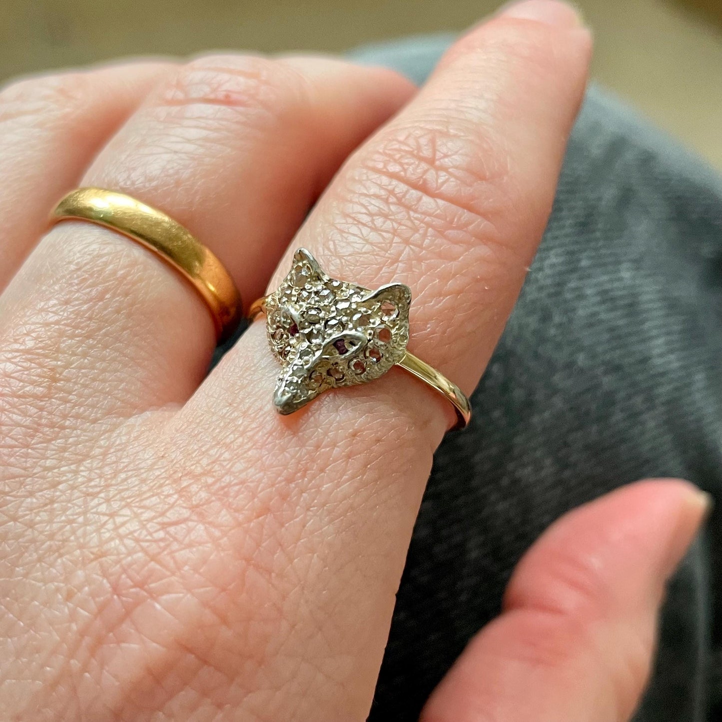 Victorian Style Rose Cut Diamond & Ruby Fox Head Ring in 15 Carat Gold