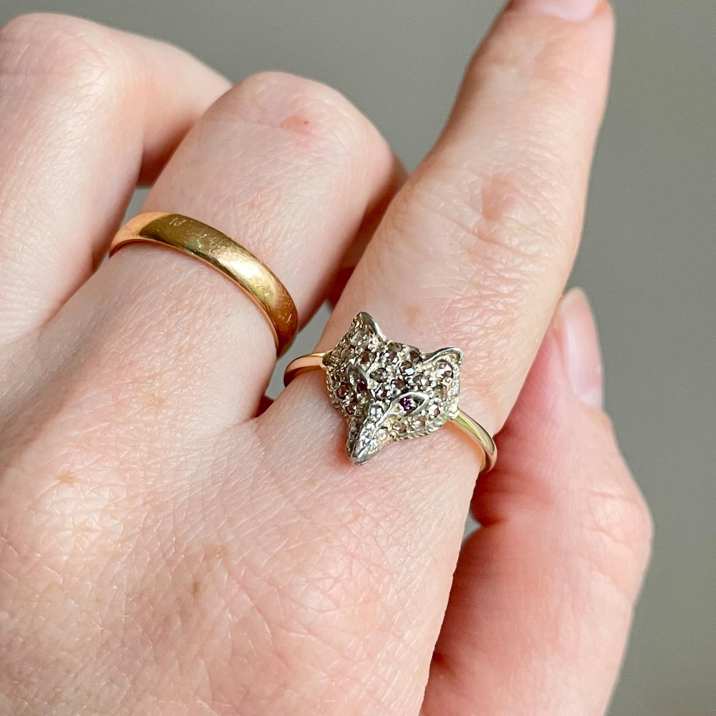 Victorian Style Rose Cut Diamond & Ruby Fox Head Ring in 15 Carat Gold