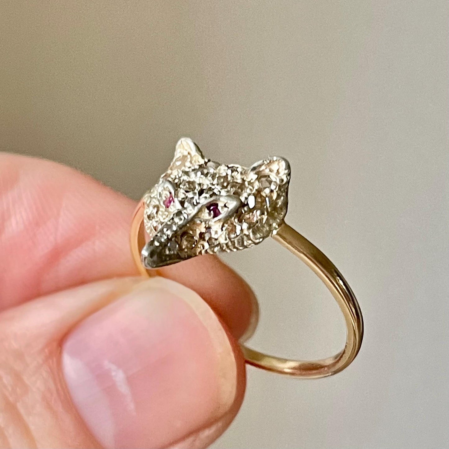 Victorian Style Rose Cut Diamond & Ruby Fox Head Ring in 15 Carat Gold