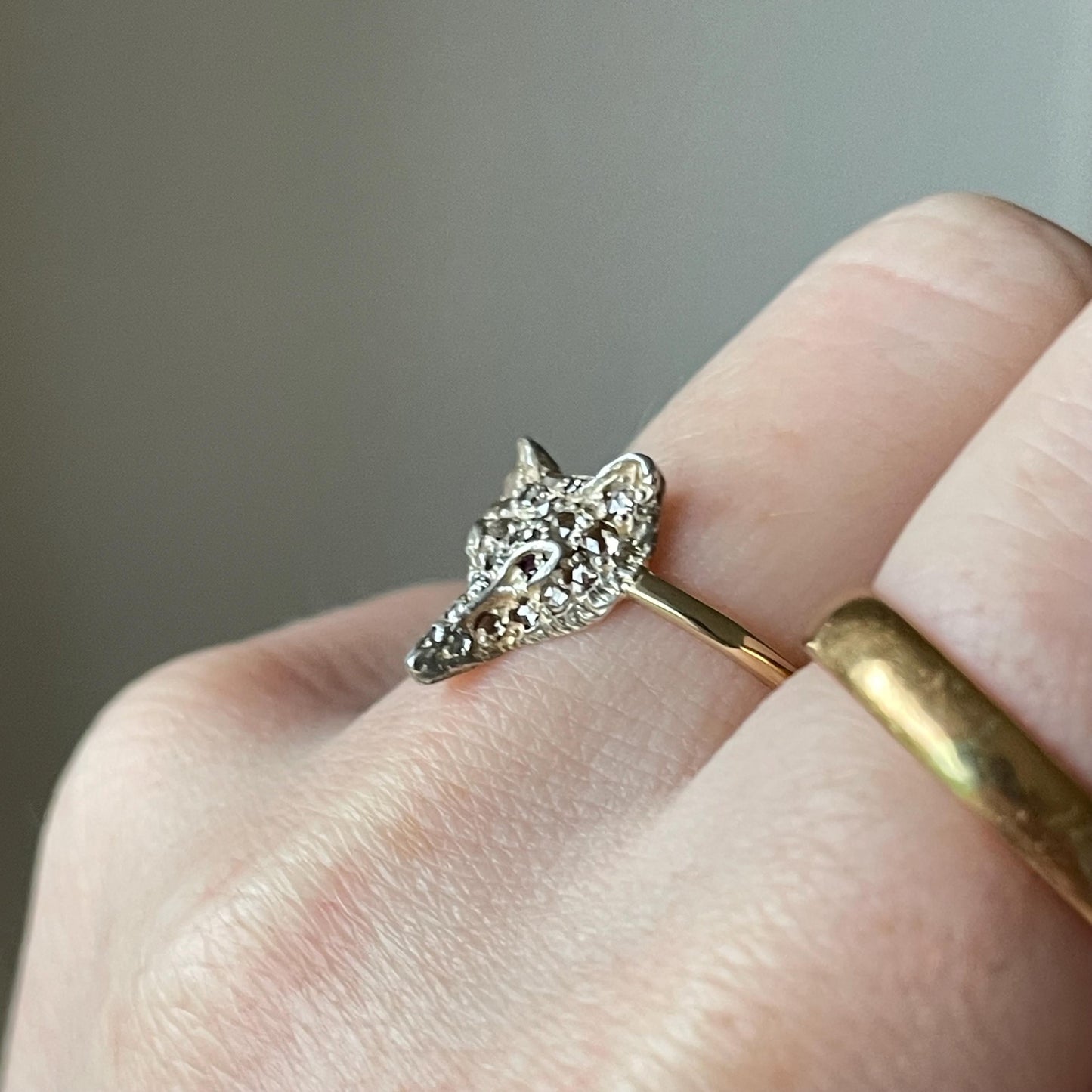 Victorian Style Rose Cut Diamond & Ruby Fox Head Ring in 15 Carat Gold