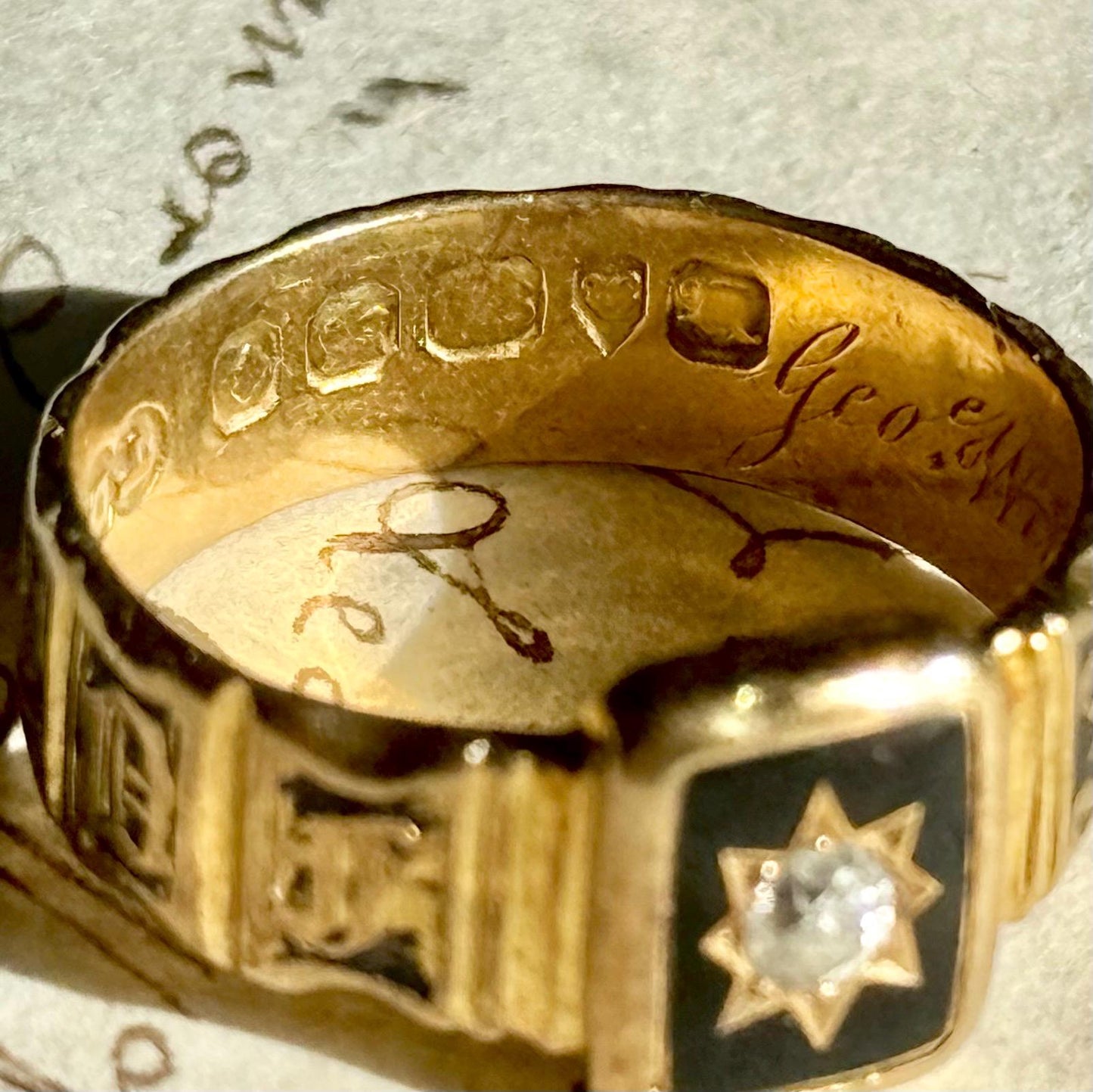 Antique Enamel & Diamond Signet Ring in 18 Carat Gold; Circa 1836