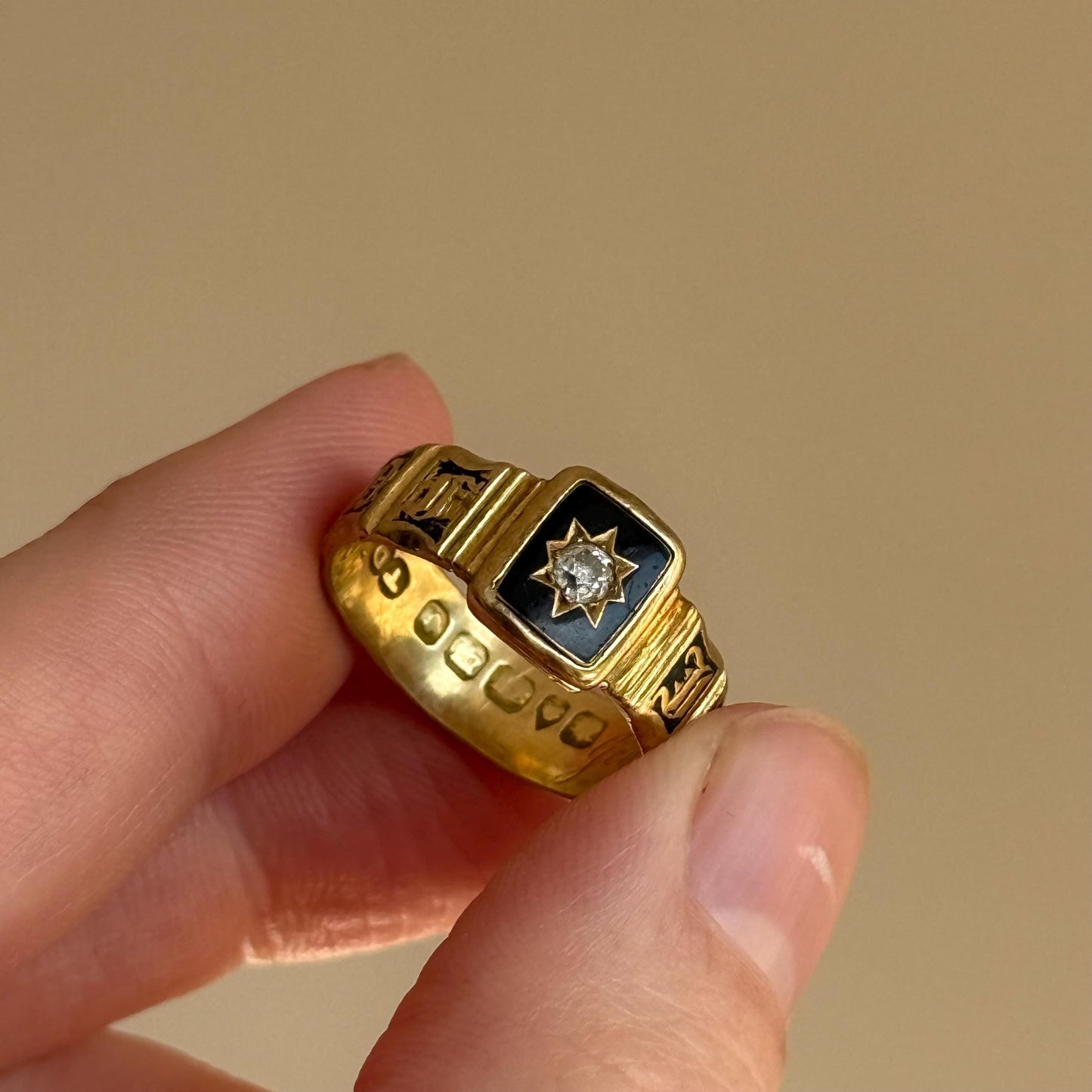 Antique Enamel & Diamond Signet Ring in 18 Carat Gold; Circa 1836