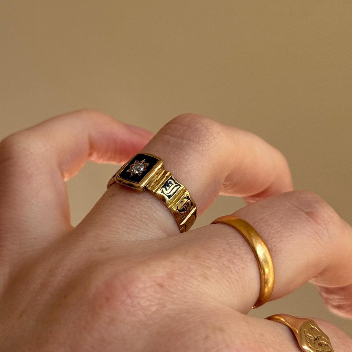 Antique Enamel & Diamond Signet Ring in 18 Carat Gold; Circa 1836