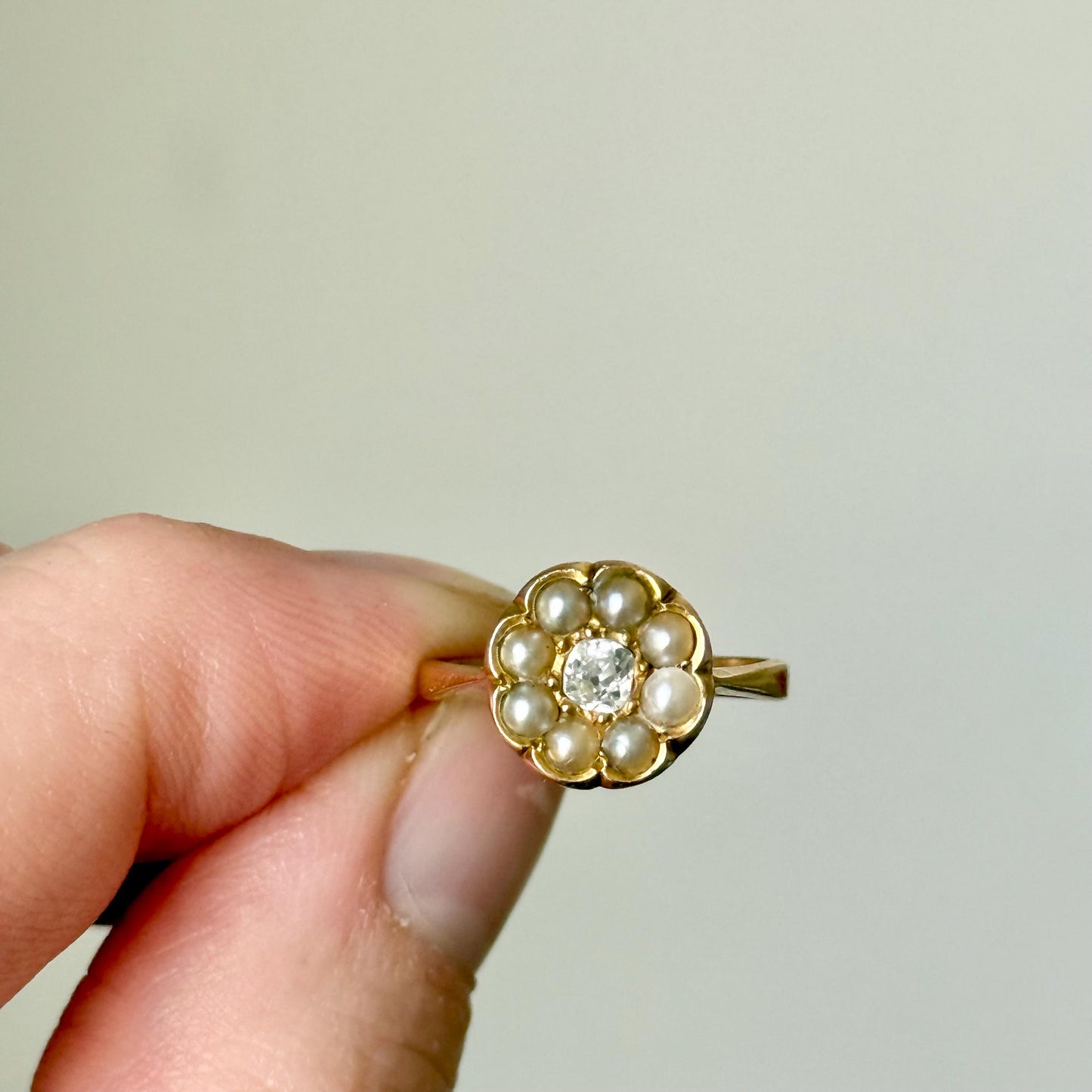 Antique Diamond & Pearl Cluster Ring in 18 Carat Gold; Circa 1910