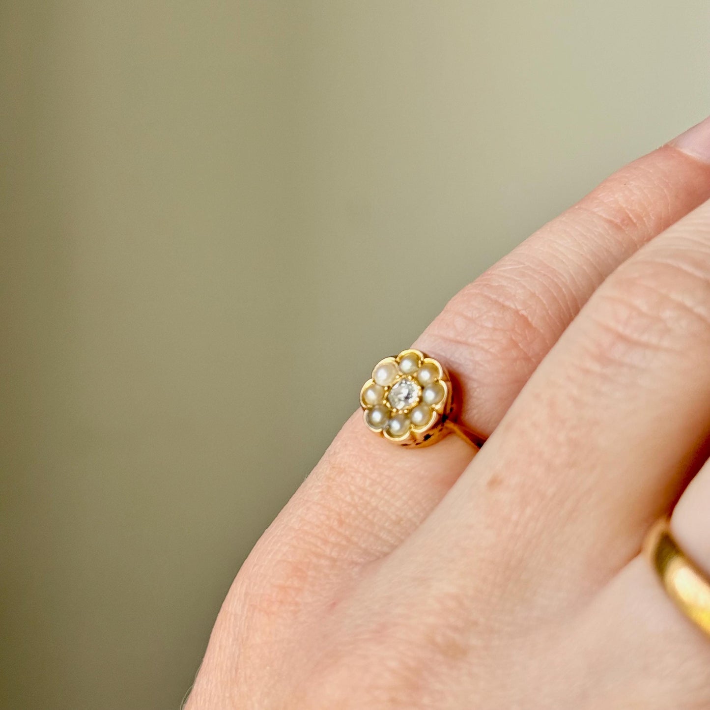 Antique Diamond & Pearl Cluster Ring in 18 Carat Gold; Circa 1910