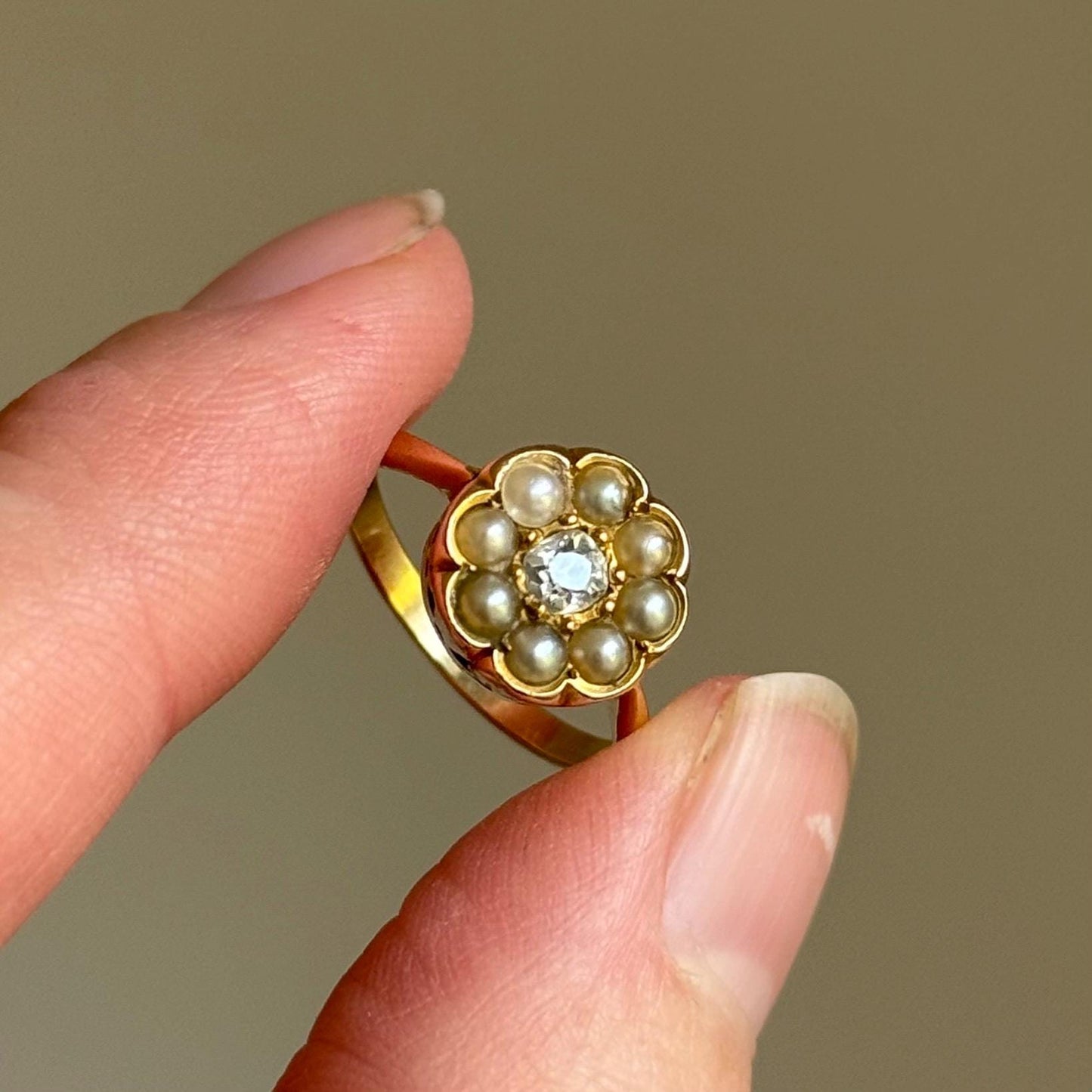 Antique Diamond & Pearl Cluster Ring in 18 Carat Gold; Circa 1910