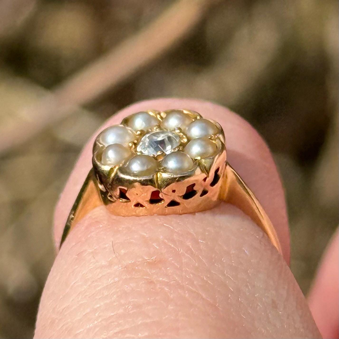 Antique Diamond & Pearl Cluster Ring in 18 Carat Gold; Circa 1910