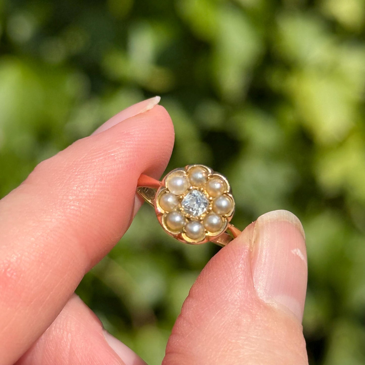 Antique Diamond & Pearl Cluster Ring in 18 Carat Gold; Circa 1910