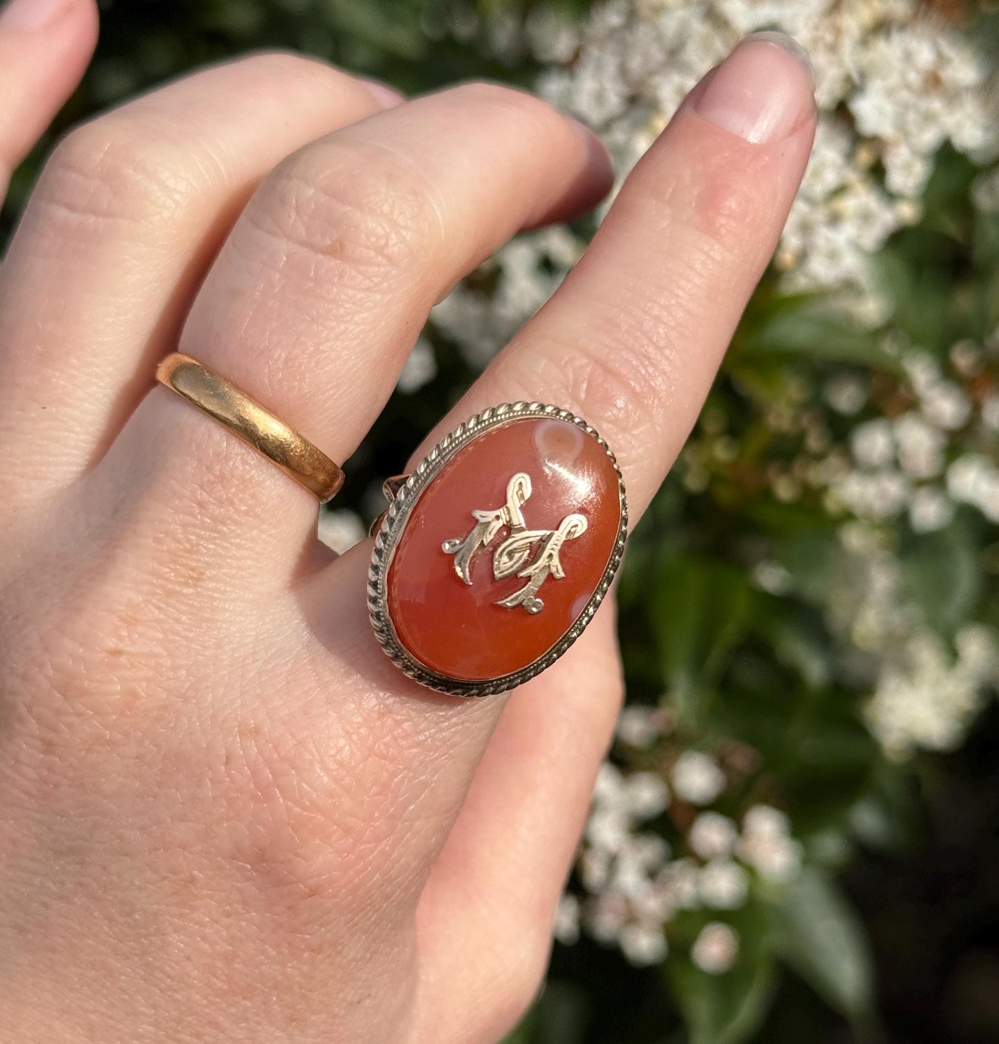 Antique Agate Monogram Ring in 9 Carat Gold; Circa 1890