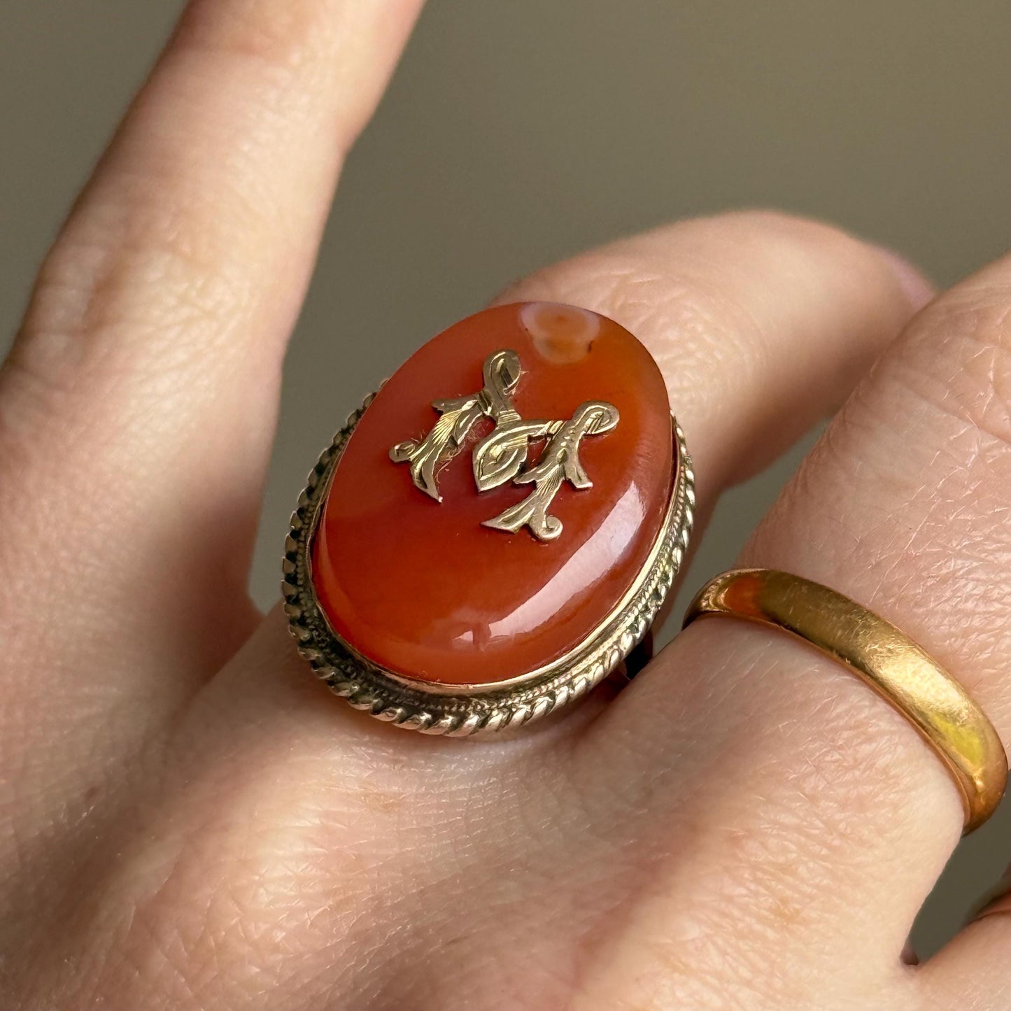 Antique Agate Monogram Ring in 9 Carat Gold; Circa 1890