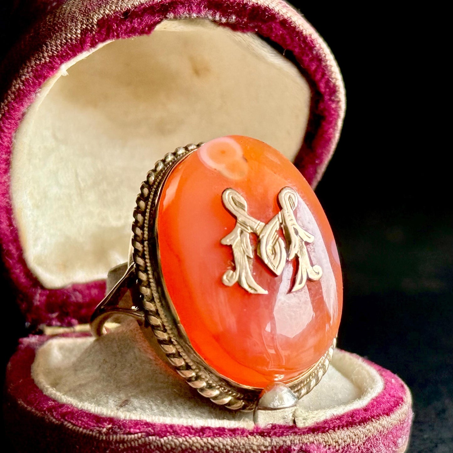 Antique Agate Monogram Ring in 9 Carat Gold; Circa 1890