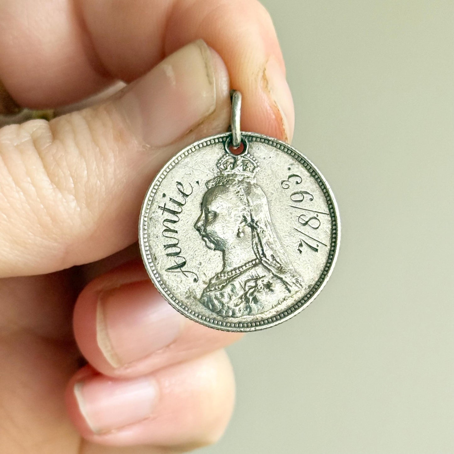Victorian Love Token 'Auntie ' Coin Pendant; Circa 1895