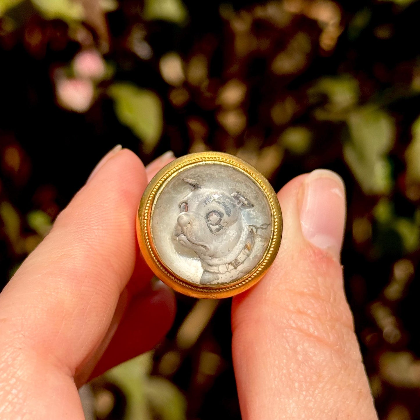 Rare Victorian Essex Crystal Reverse Painted Dog Ring, circa 1880