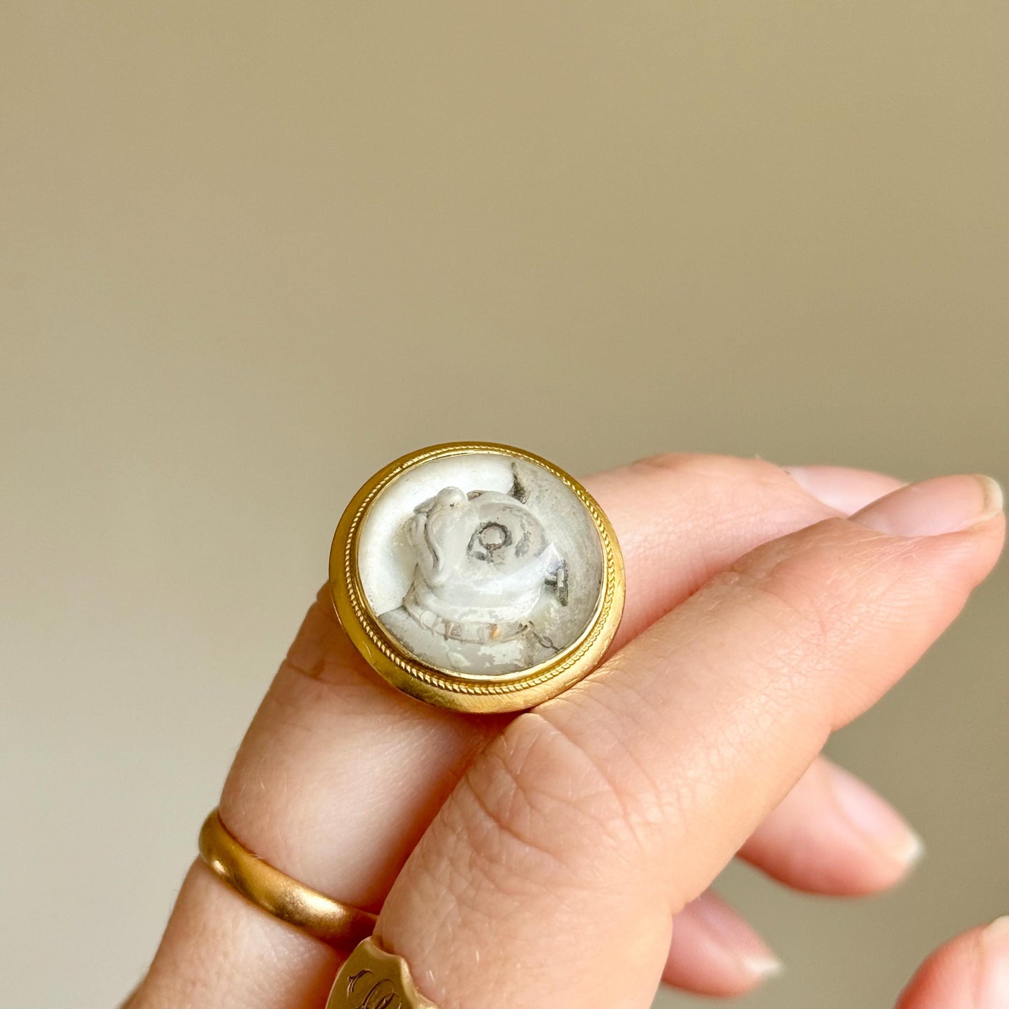 Rare Victorian Essex Crystal Reverse Painted Dog Ring, circa 1880