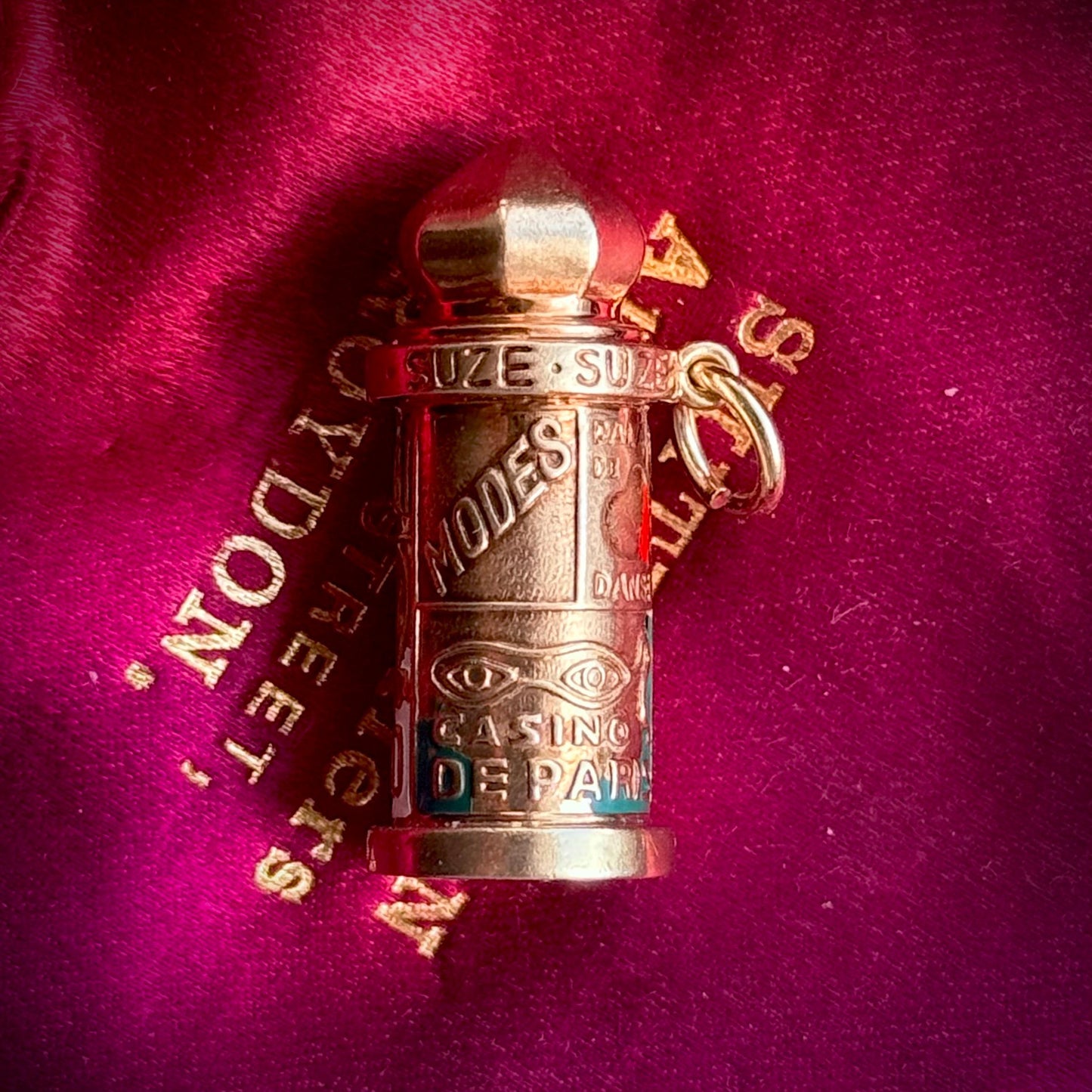 Vintage Enamel French Kiosk Pendant in 14 Carat Gold; Circa 1960