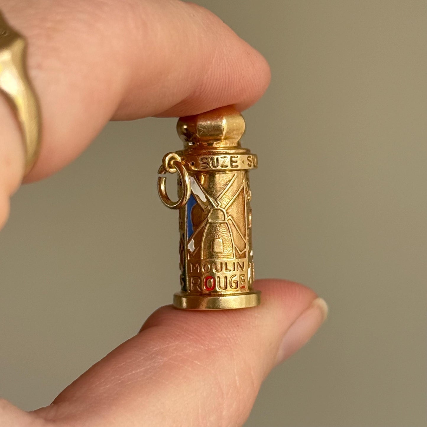 Vintage Enamel French Kiosk Pendant in 14 Carat Gold; Circa 1960