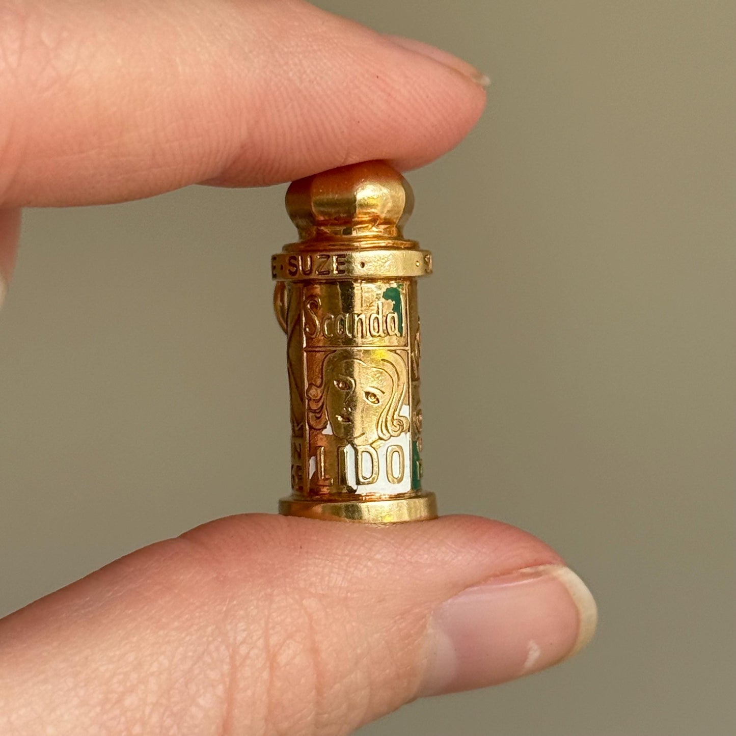 Vintage Enamel French Kiosk Pendant in 14 Carat Gold; Circa 1960