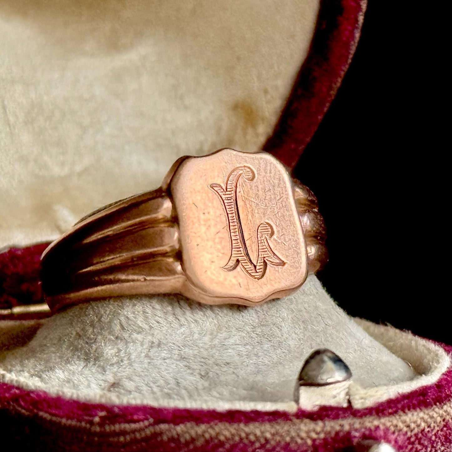 Antique 'L' Signet Ring in 9 Carat Rose Gold; Circa 1919