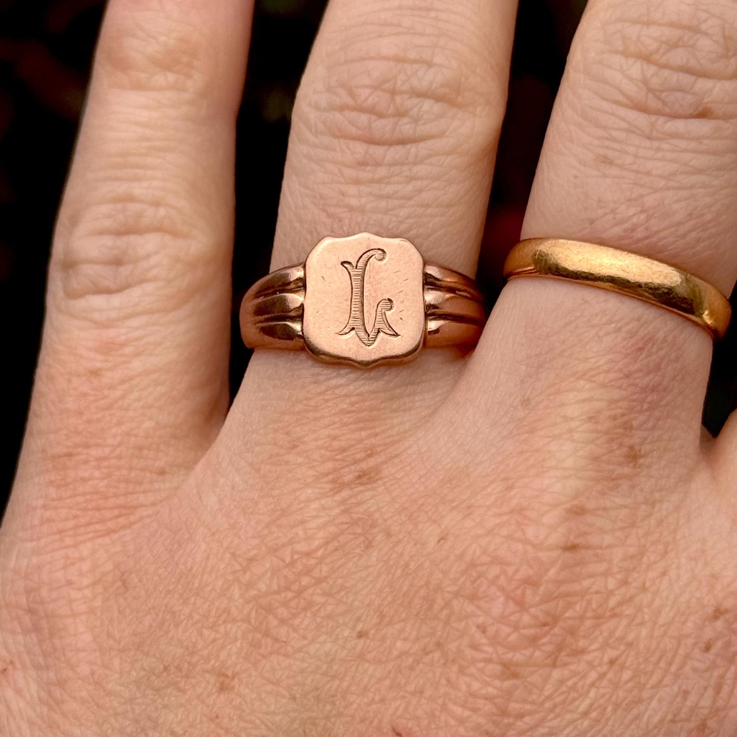 Antique 'L' Signet Ring in 9 Carat Rose Gold; Circa 1919