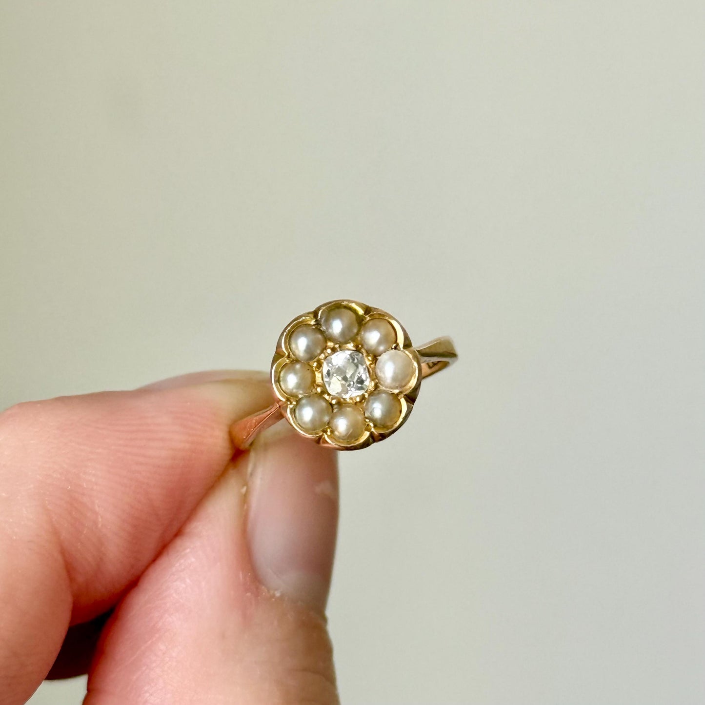 Antique Diamond & Pearl Cluster Ring in 18 Carat Gold; Circa 1910