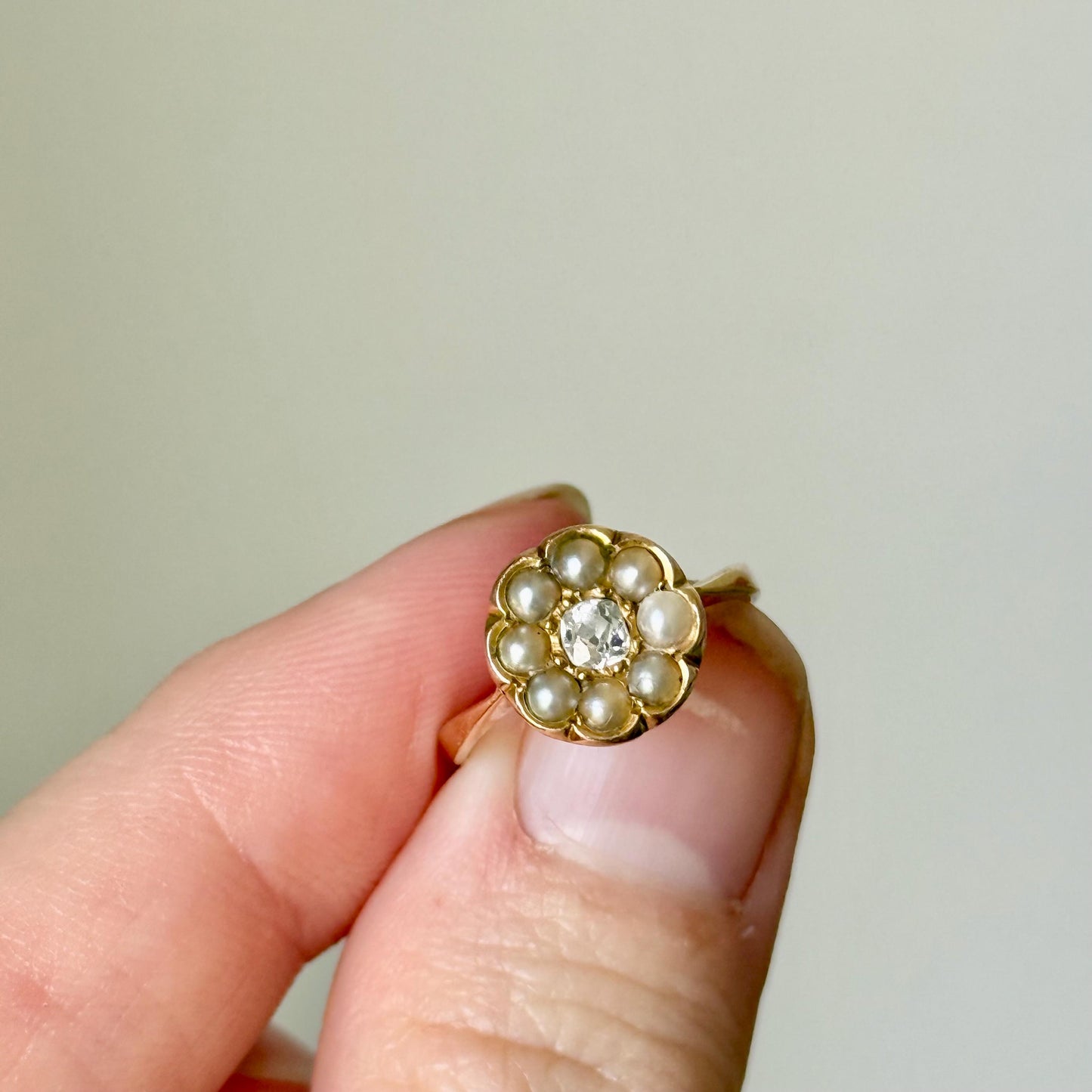 Antique Diamond & Pearl Cluster Ring in 18 Carat Gold; Circa 1910