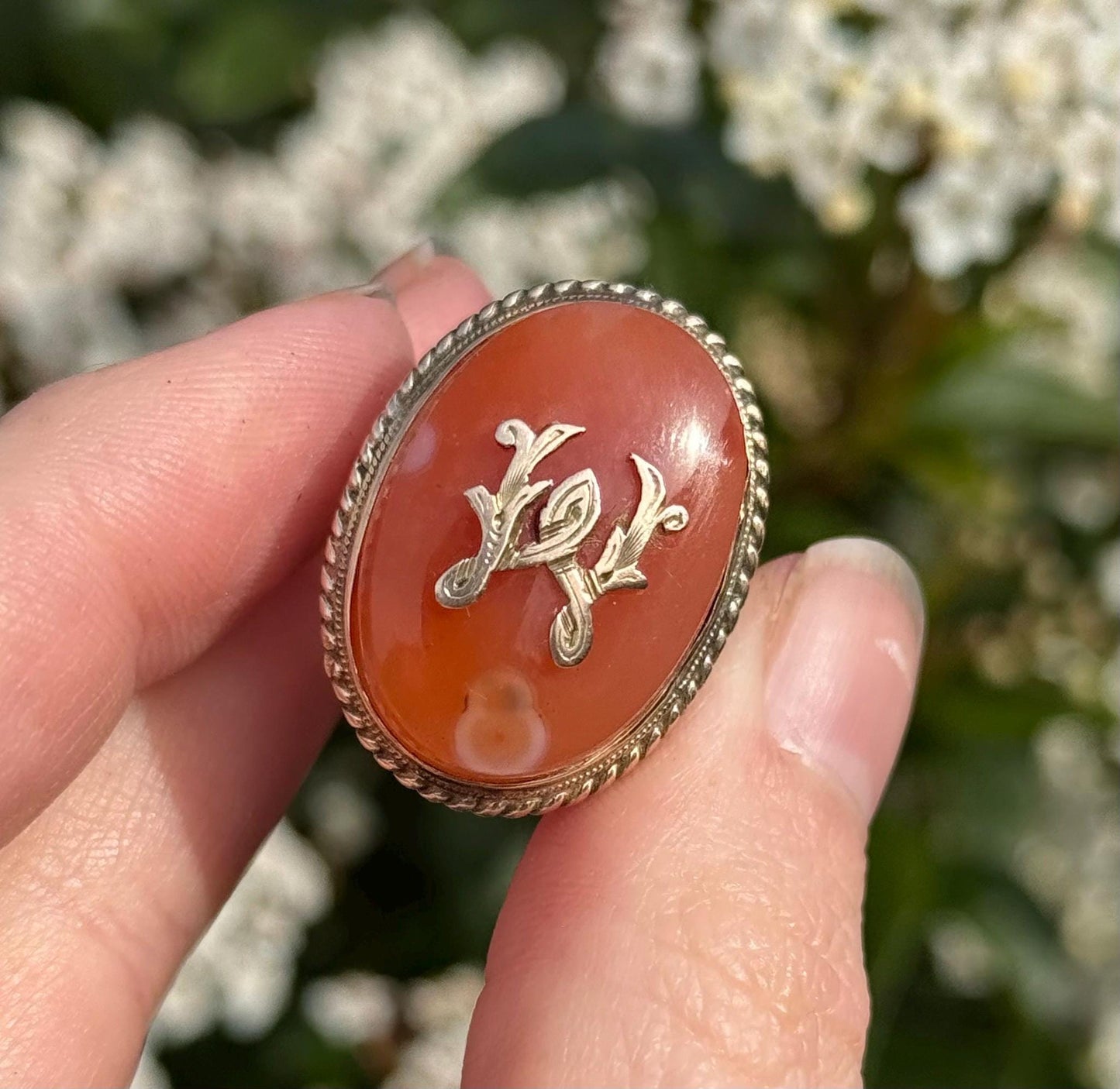 Antique Agate Monogram Ring in 9 Carat Gold; Circa 1890