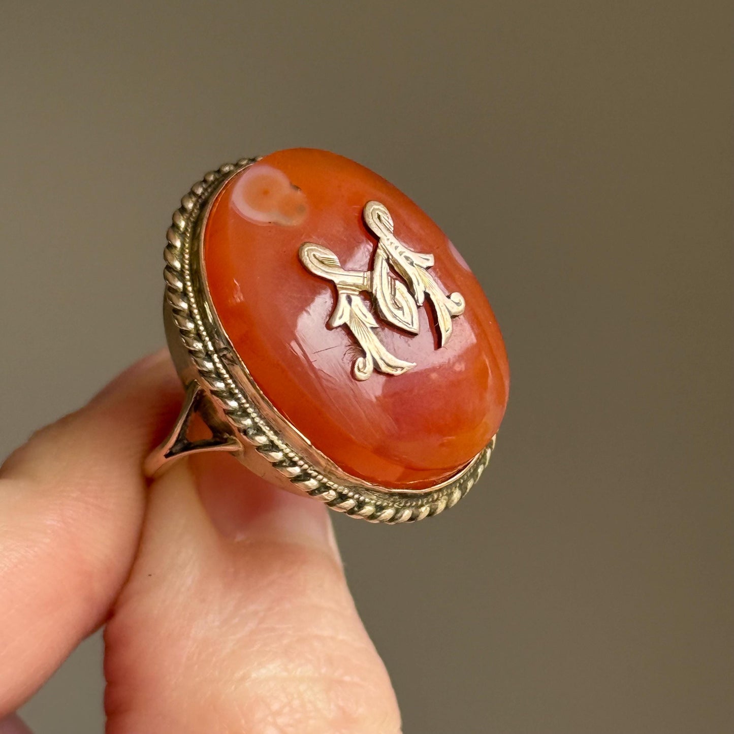 Antique Agate Monogram Ring in 9 Carat Gold; Circa 1890