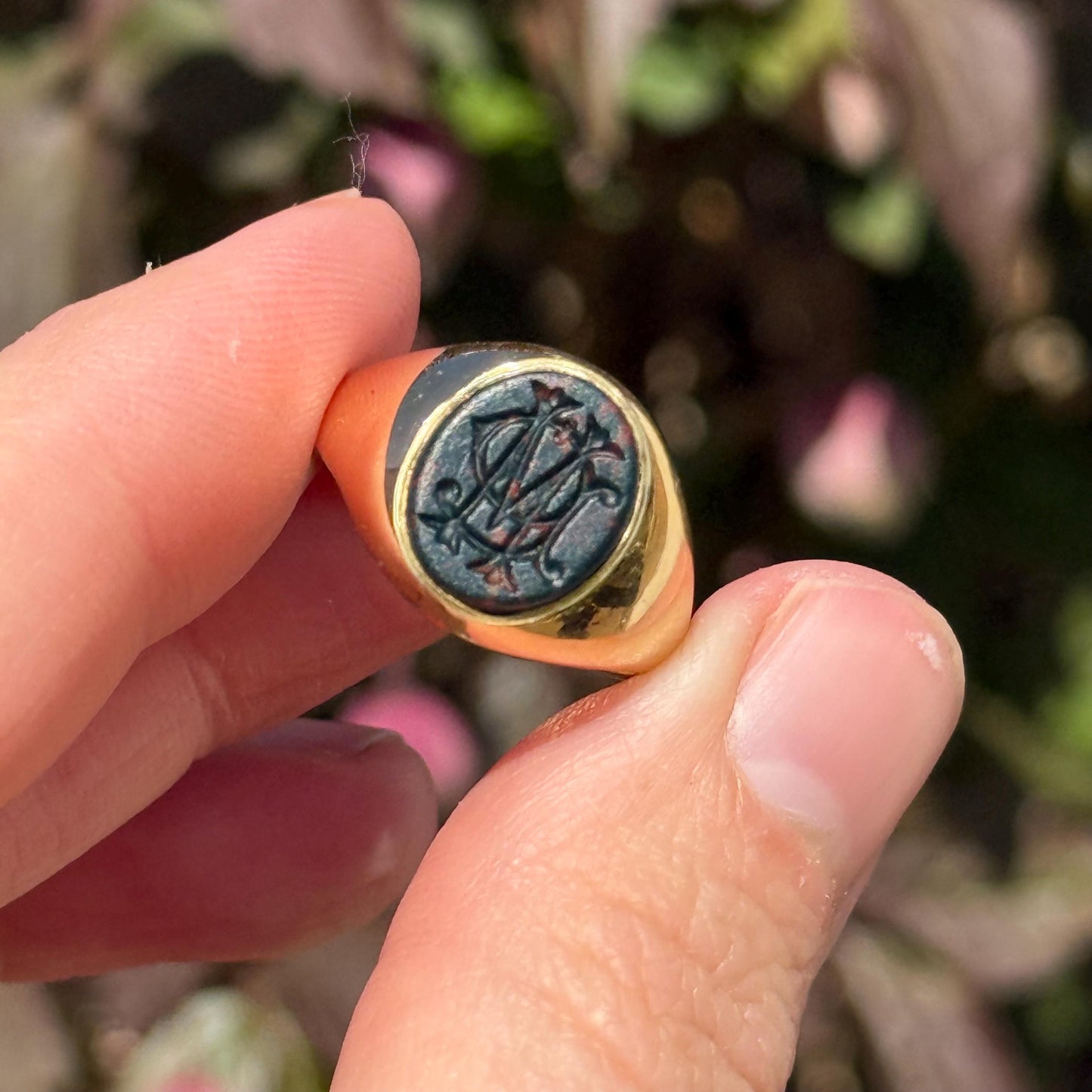 Bloodstone Monogram 'G M' Intaglio Signet Ring in 18 Carat Gold; Circa 1982