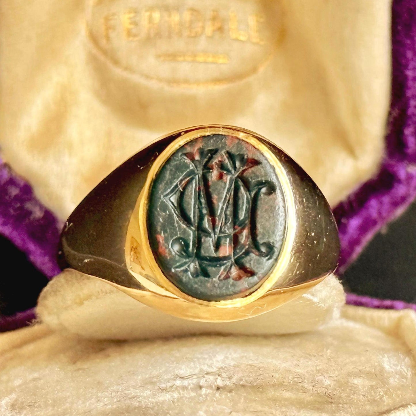 Bloodstone Monogram 'G M' Intaglio Signet Ring in 18 Carat Gold; Circa 1982