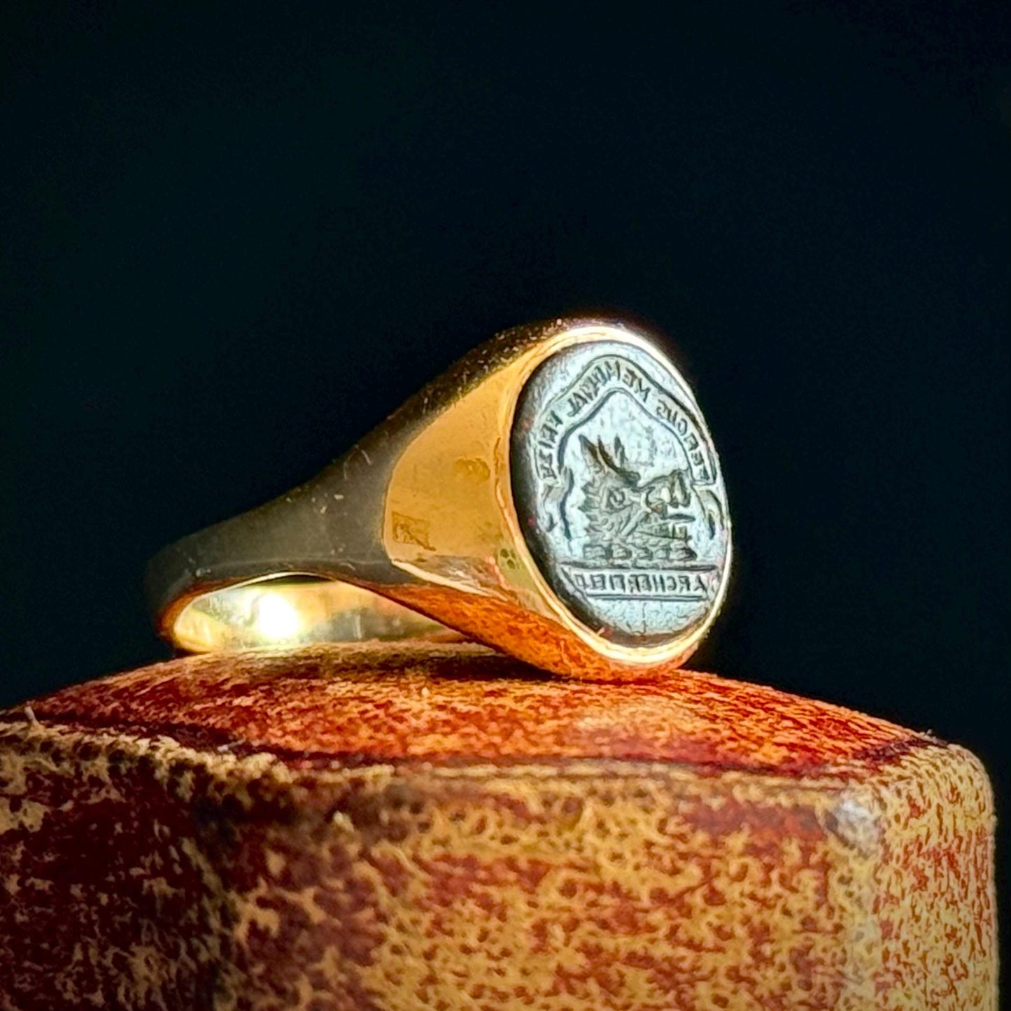 Victorian Bloodstone Intaglio Signet Ring in 18 Carat Gold; Circa 1870