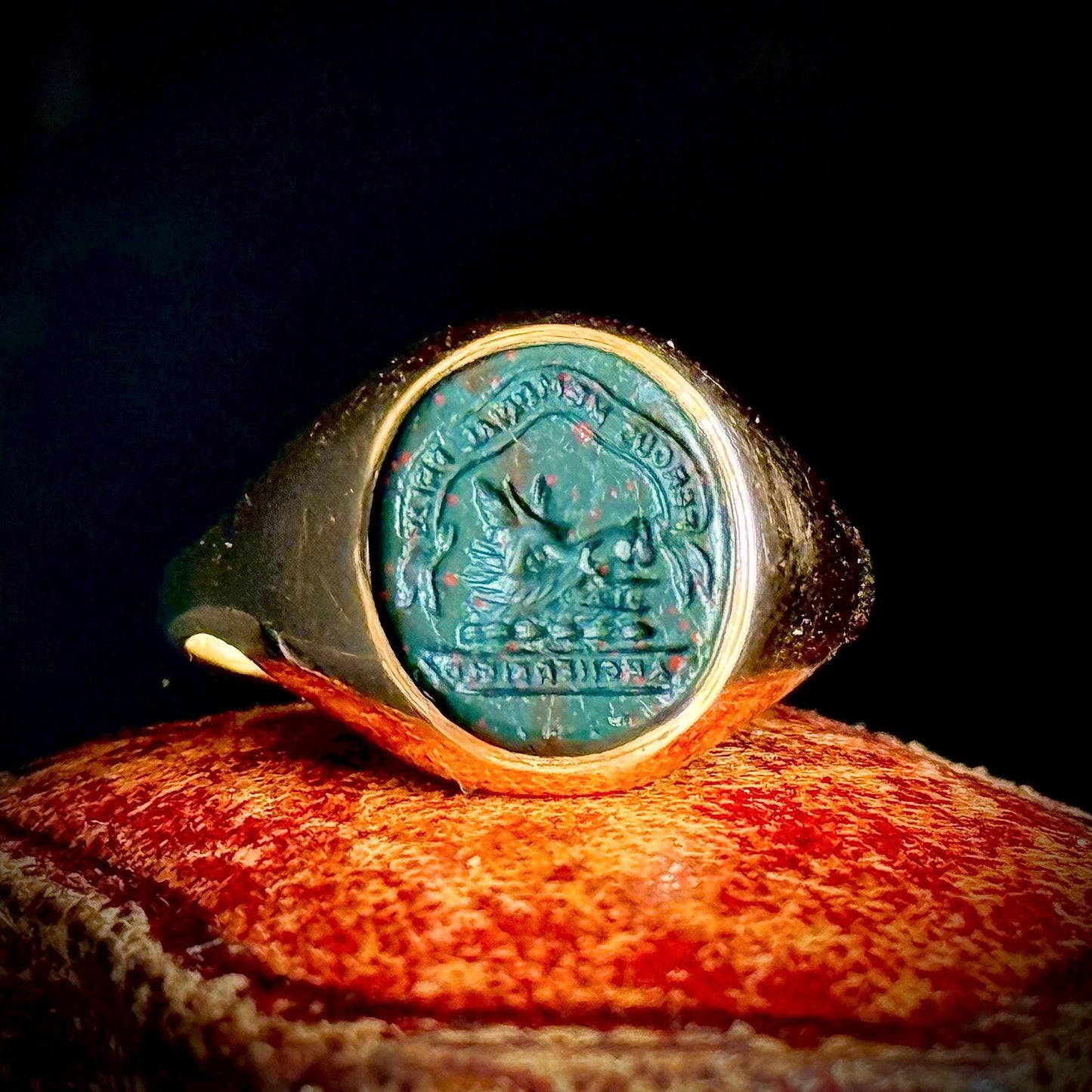 Victorian Bloodstone Intaglio Signet Ring in 18 Carat Gold; Circa 1870