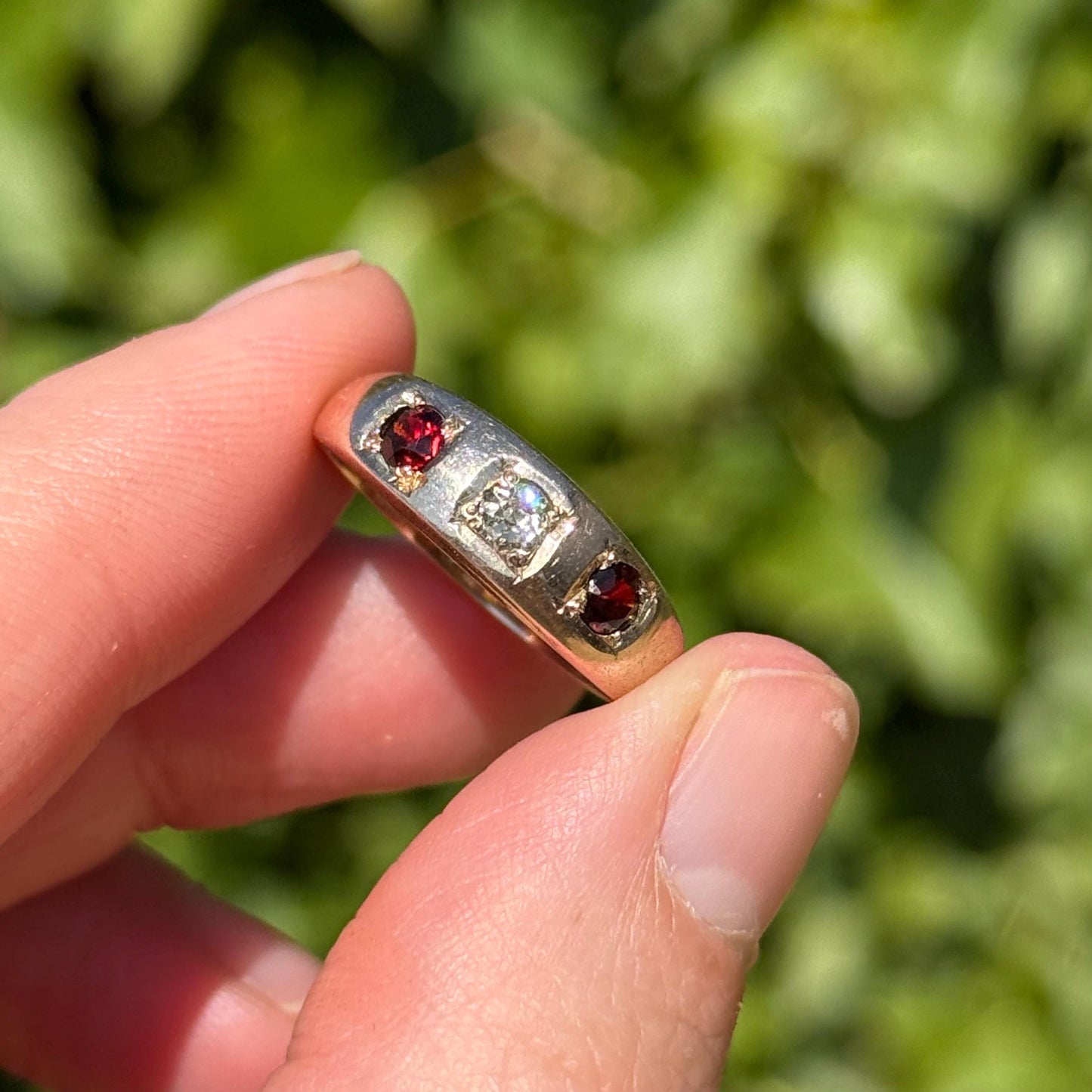 Antique Diamond & Garent Trilogy in 9 Carat Rose Gold Ring; Circa 1900