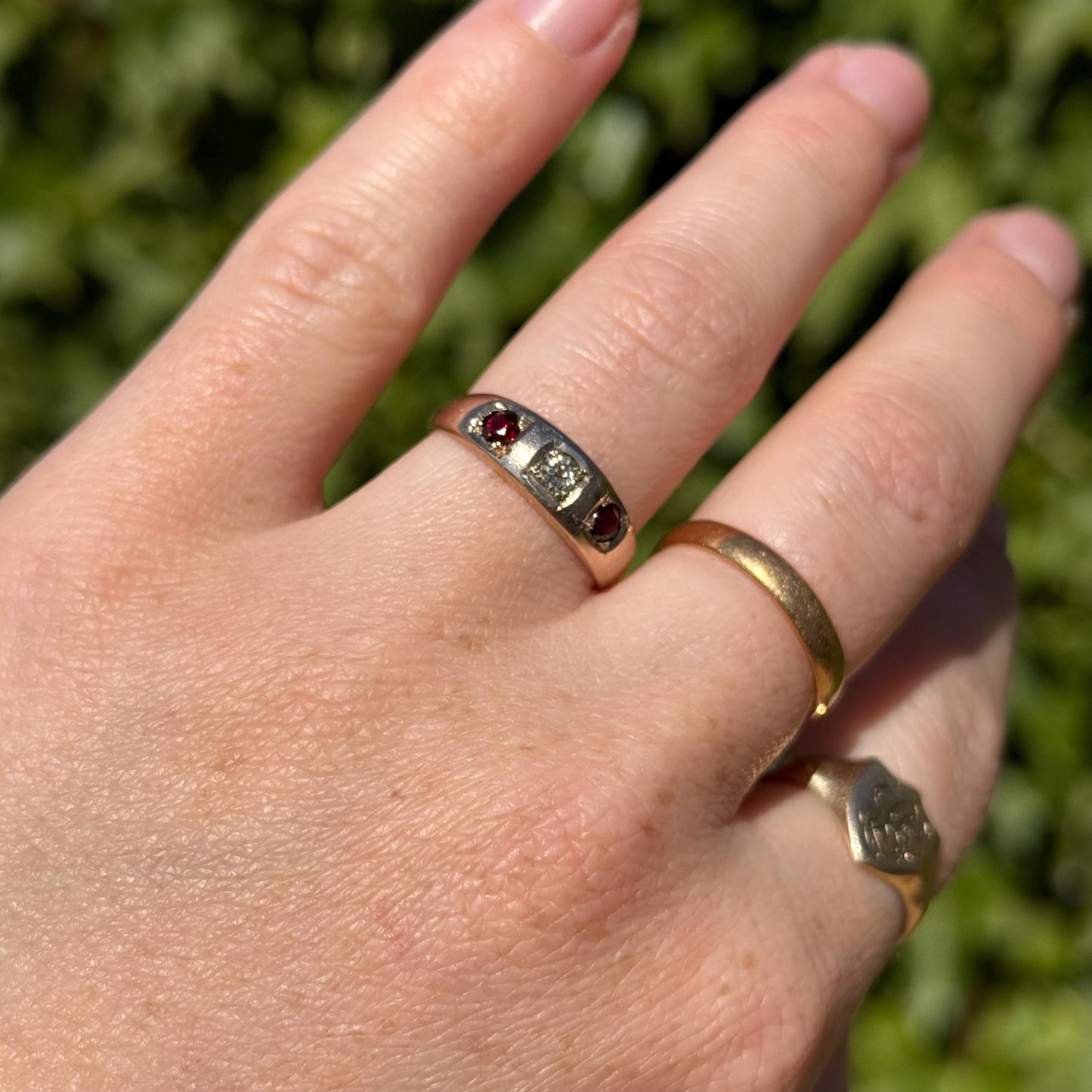 Antique Diamond & Garent Trilogy in 9 Carat Rose Gold Ring; Circa 1900