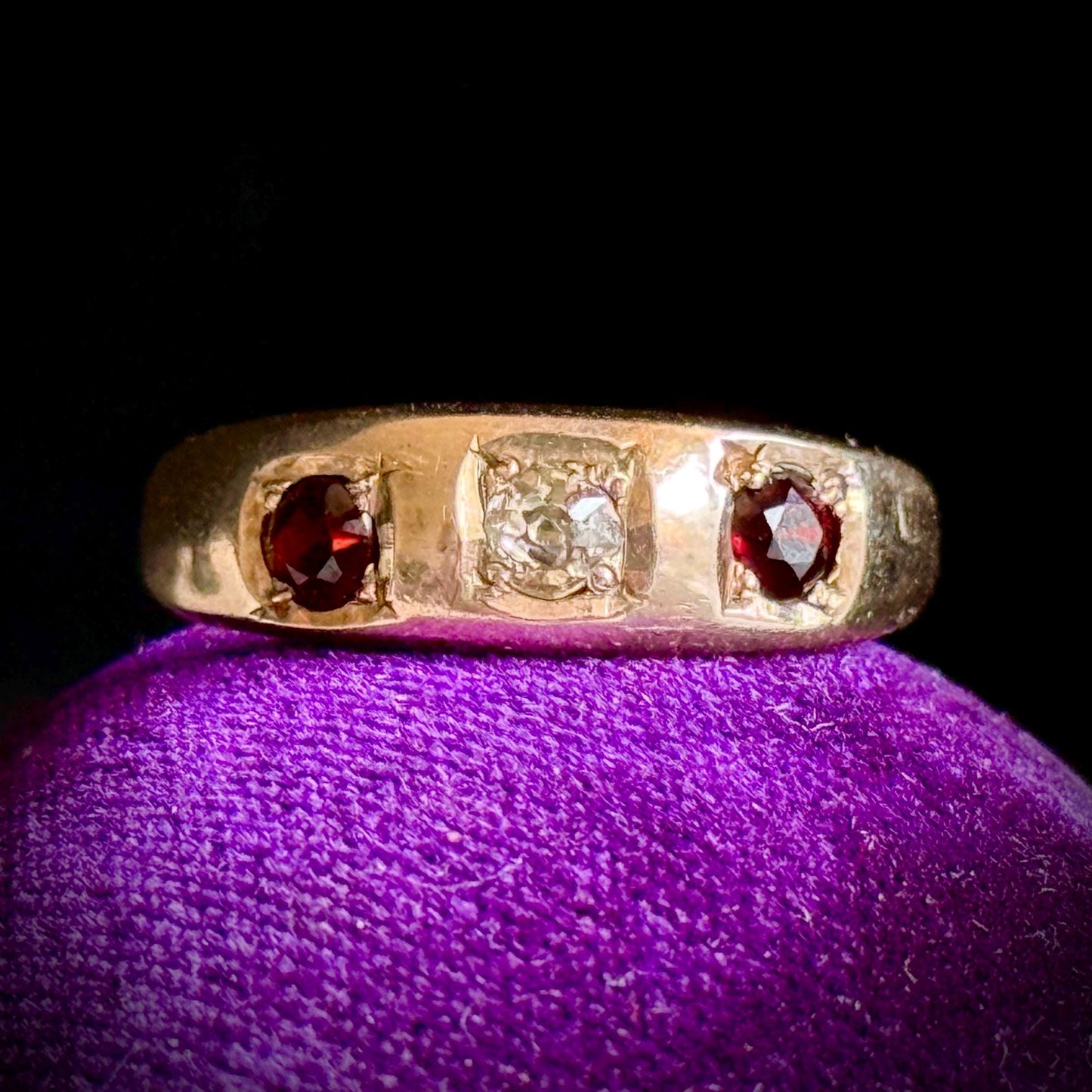 Antique Diamond & Garent Trilogy in 9 Carat Rose Gold Ring; Circa 1900